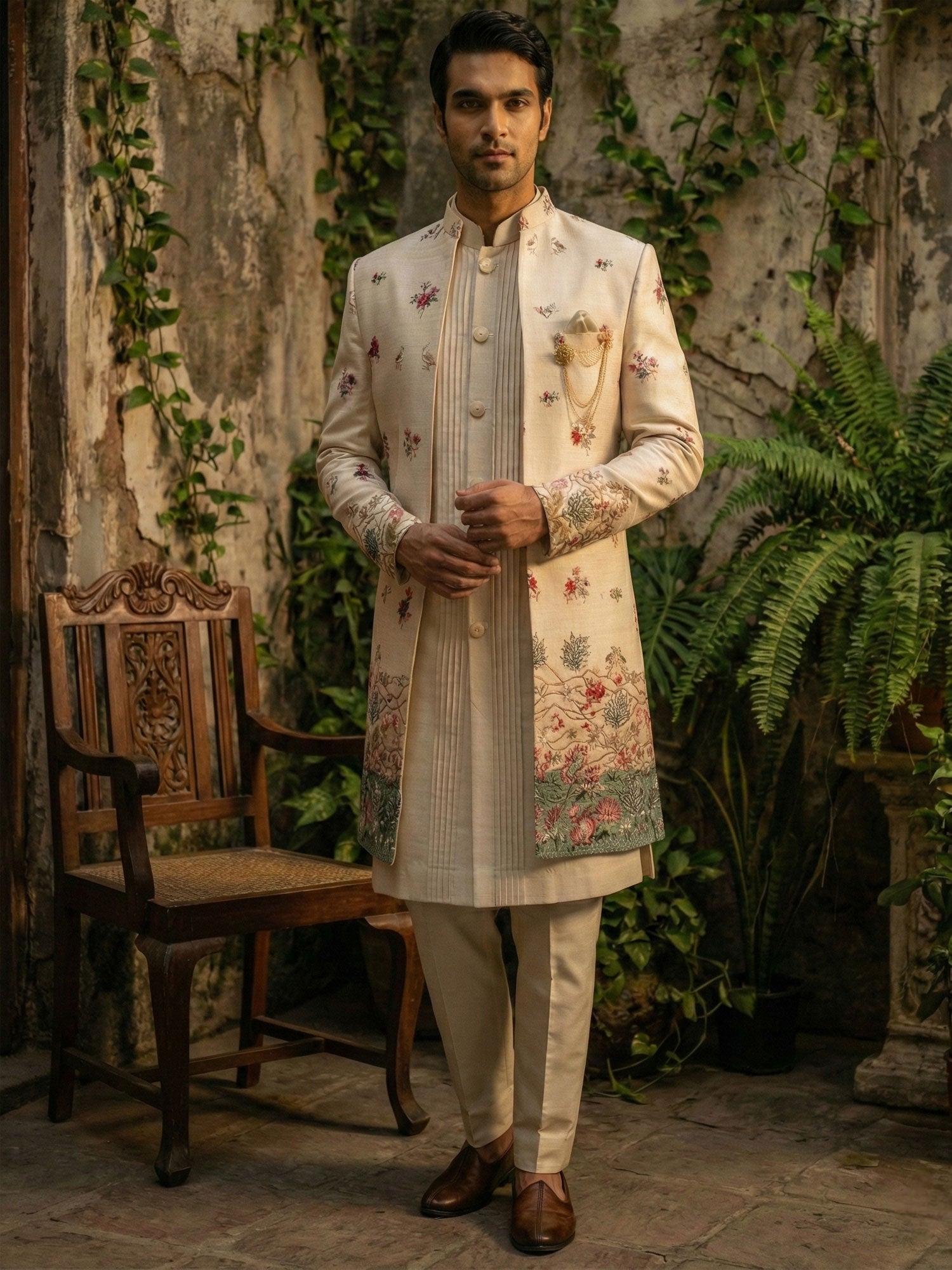 Beige Floral Work Embellished Silk Indowestern