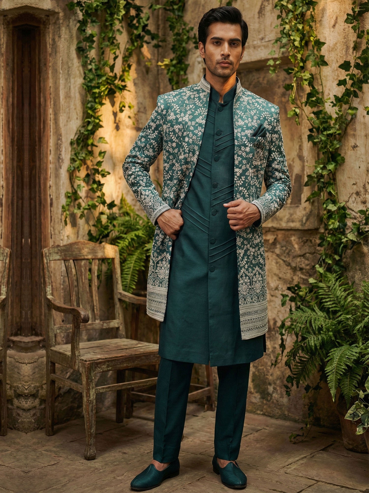 Rama Green Embroidered Indo Western For Mens