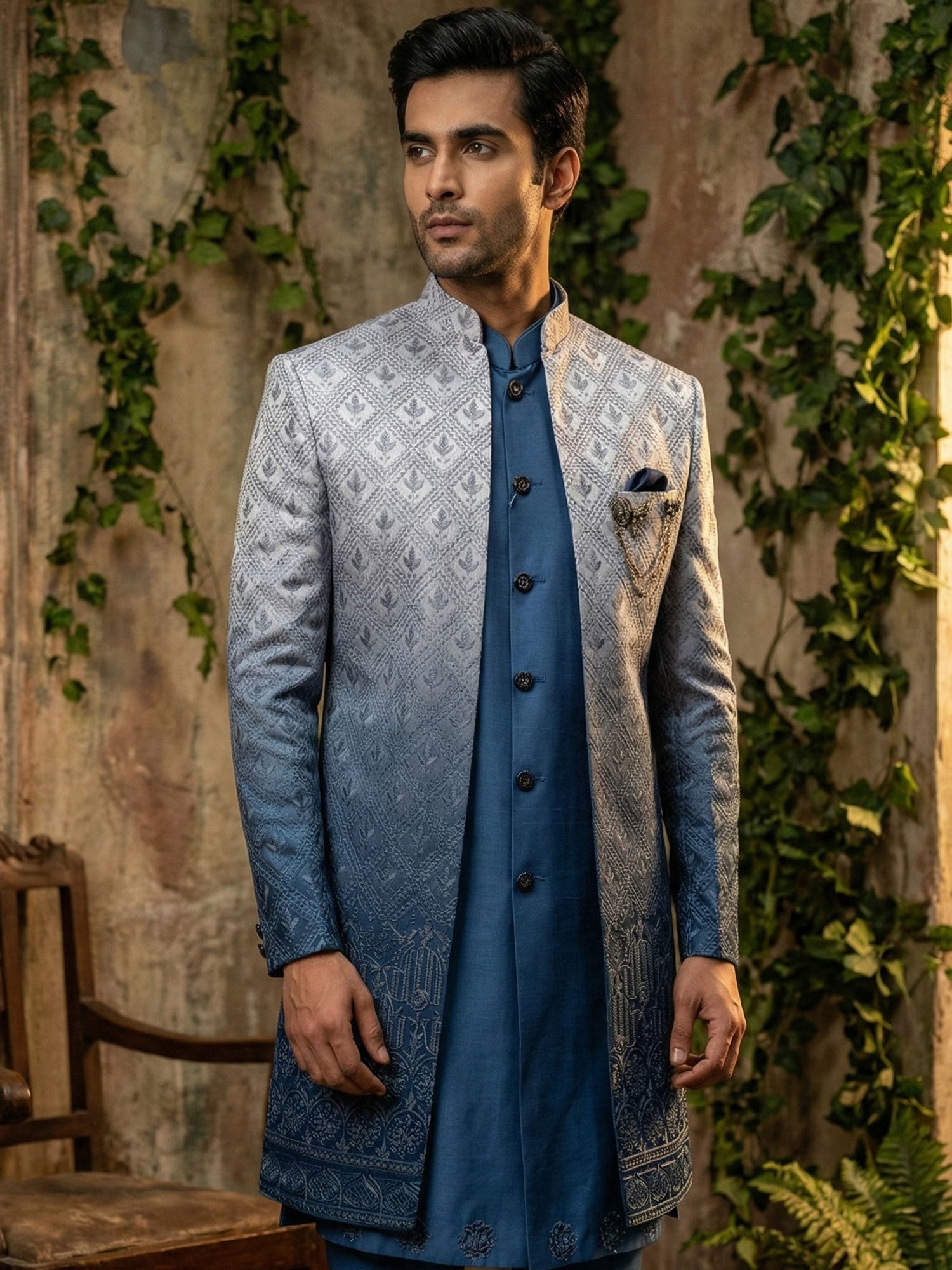 Blue Men's Silk Indo Western With Shaded Jacket