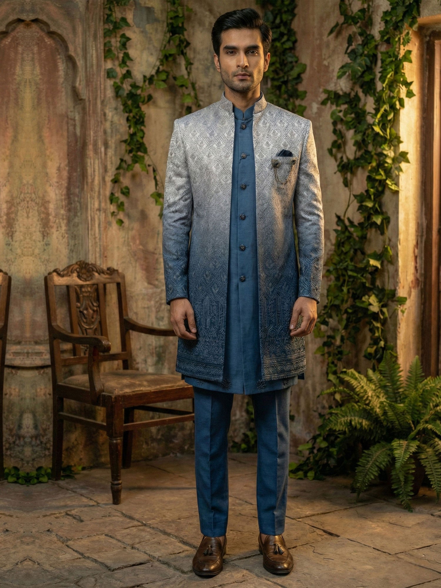 Blue Men's Silk Indo Western With Shaded Jacket