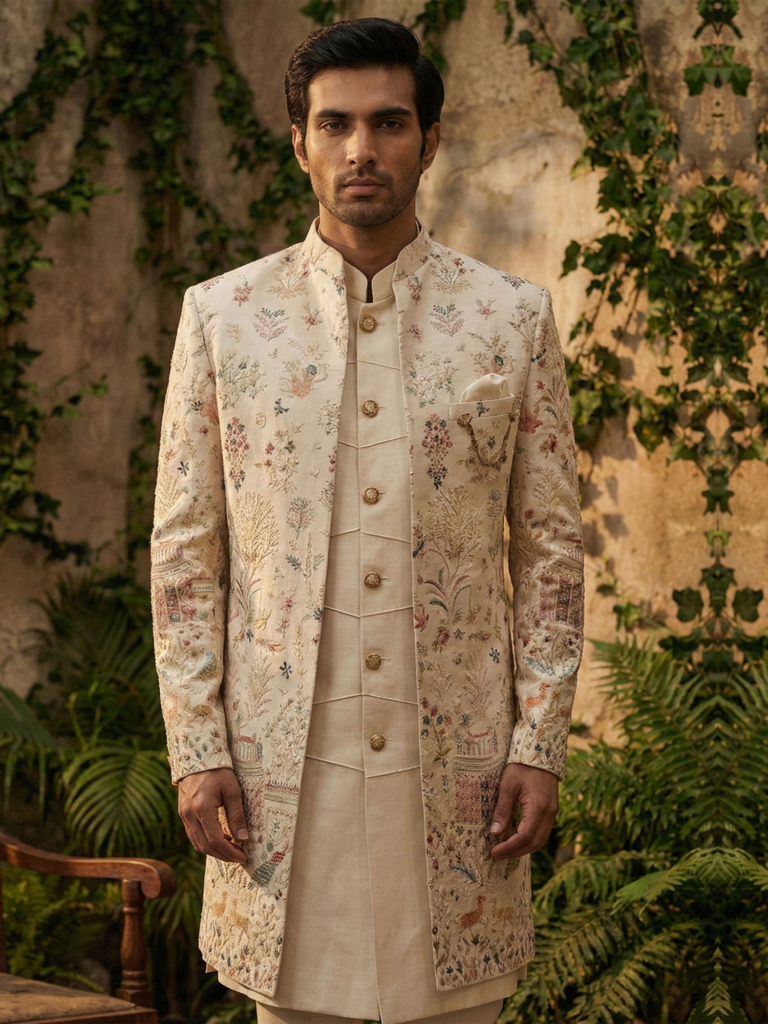 Cream Men's Indowestern With Floral Embroidered Jacket