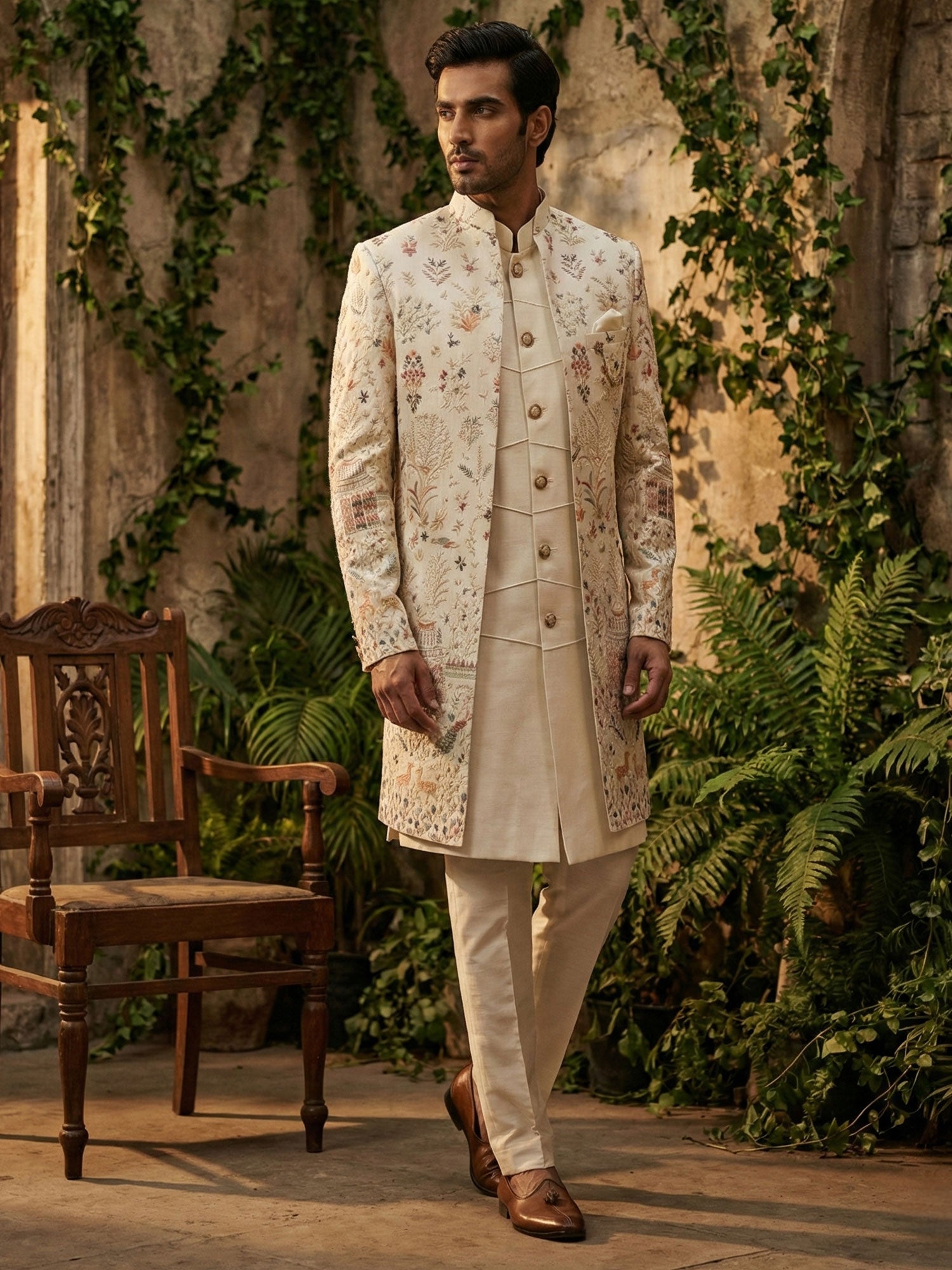 Cream Men's Indowestern With Floral Embroidered Jacket