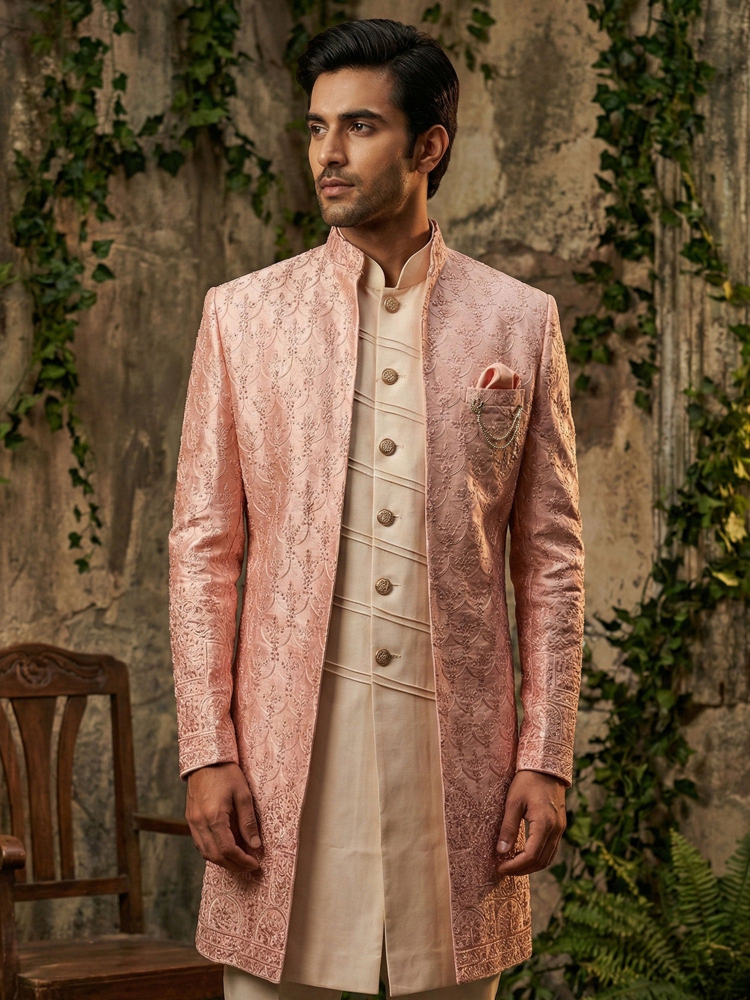 Beige Wedding Wear Indo Western For Mens In Silk
