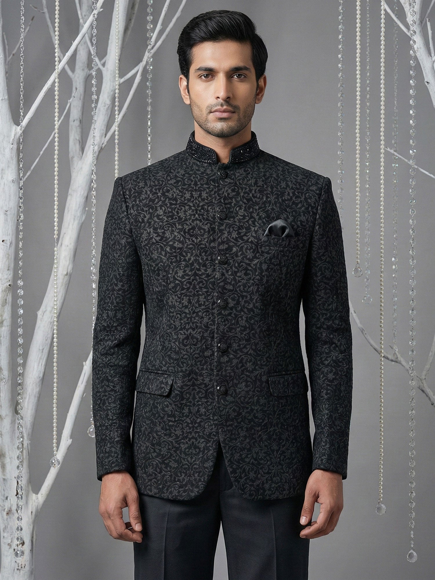 Black Floral Augmented Wedding Bandhgala Suit