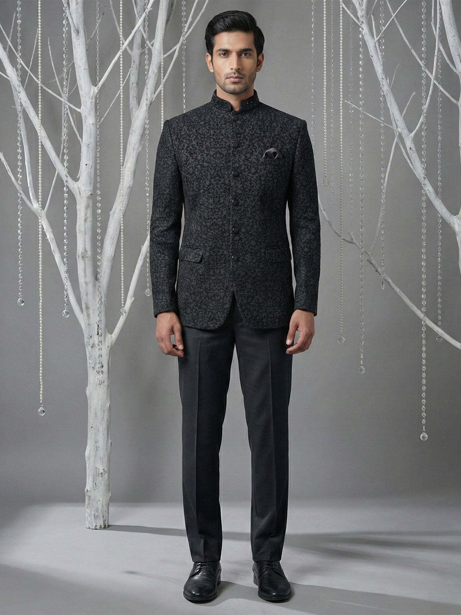Black Floral Augmented Wedding Bandhgala Suit