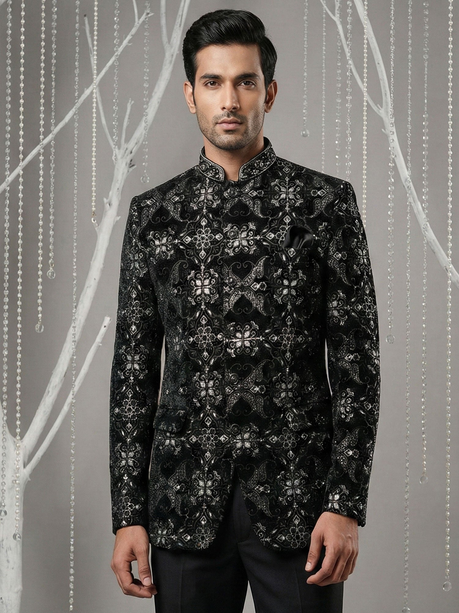 Black Embroidered Velvet Jodhpuri Suit Set