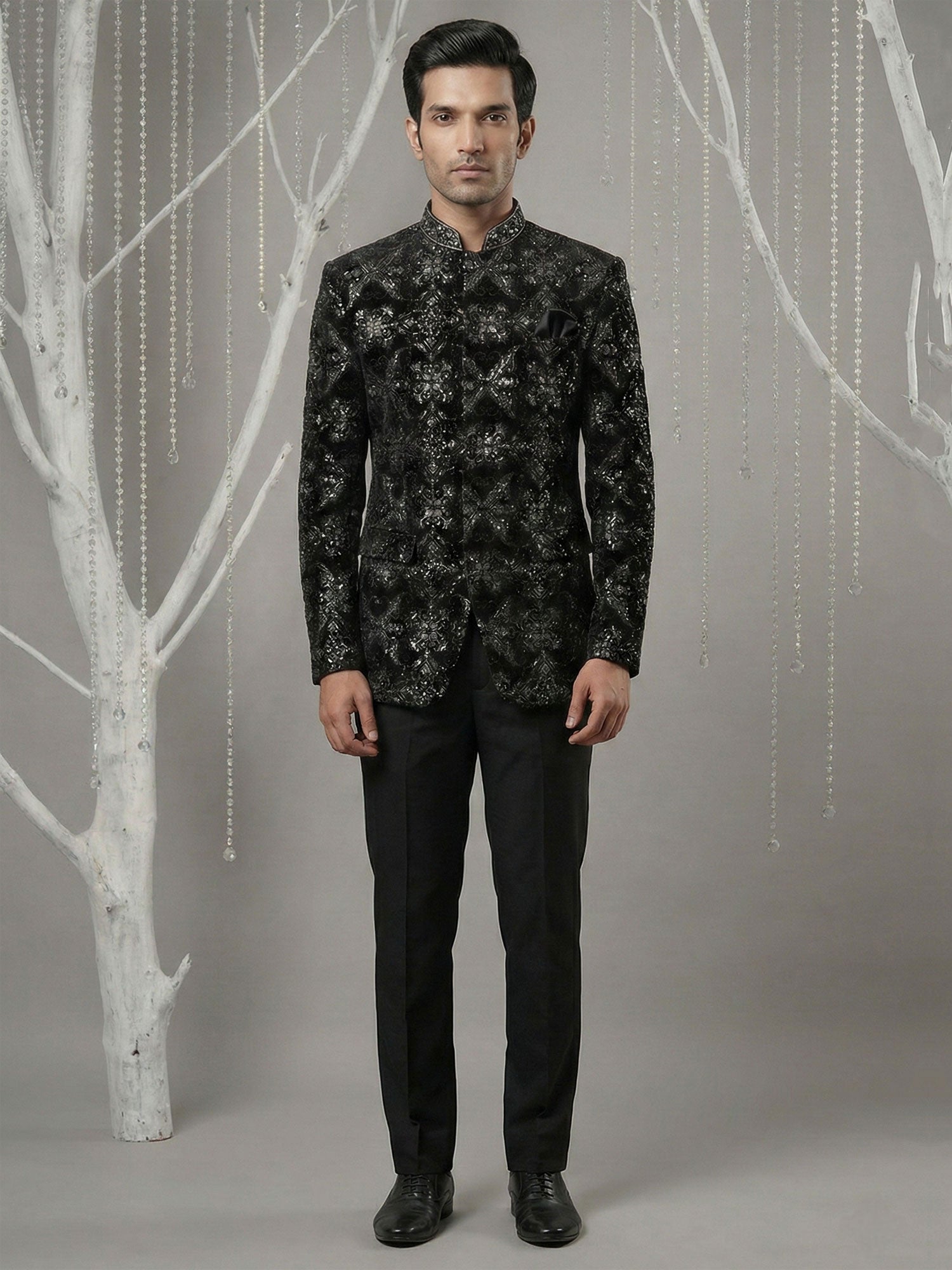 Black Embroidered Velvet Jodhpuri Suit Set