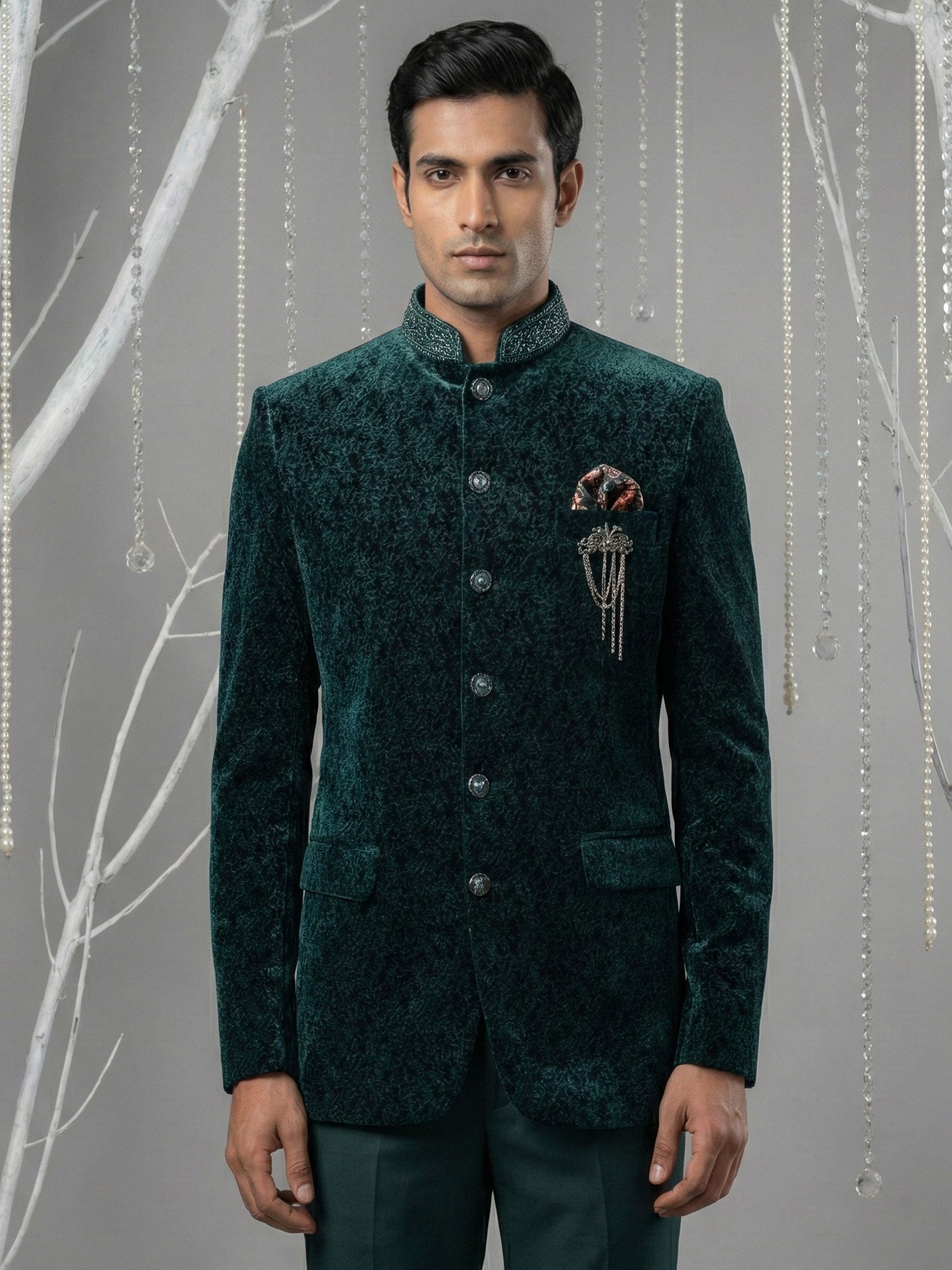 Bottle Green Menswear Velvet Bandhgala Set