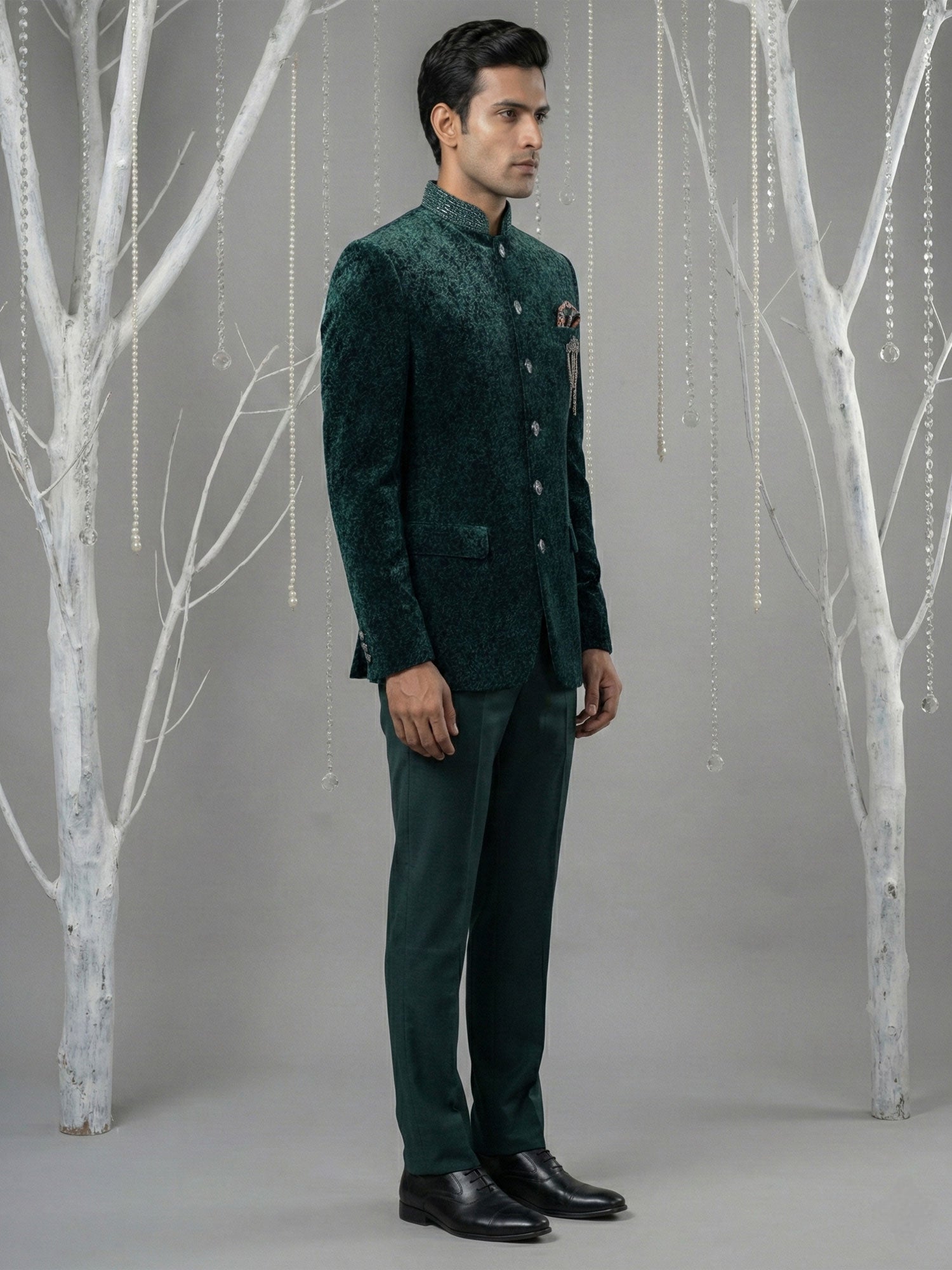 Bottle Green Menswear Velvet Bandhgala Set