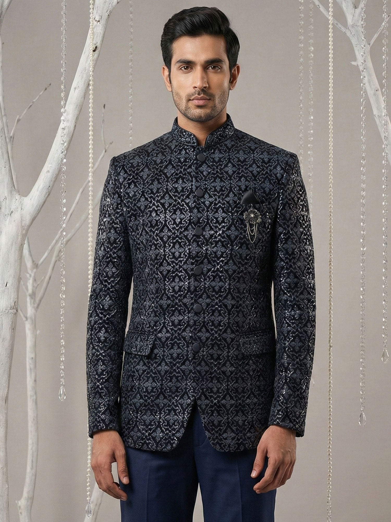 Navy Blue Floral Work Men's Jodhpuri Suit