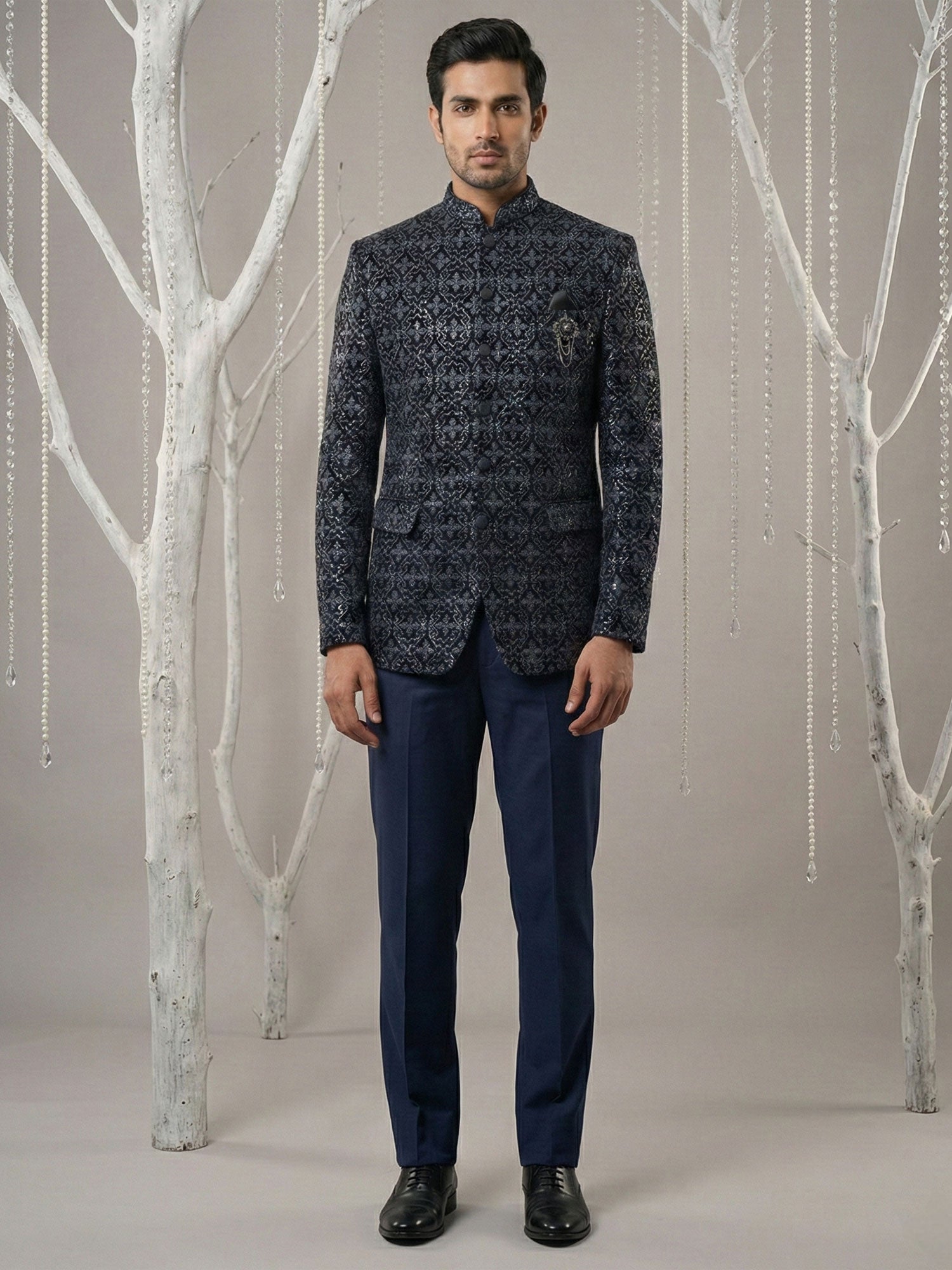 Navy Blue Floral Work Men's Jodhpuri Suit