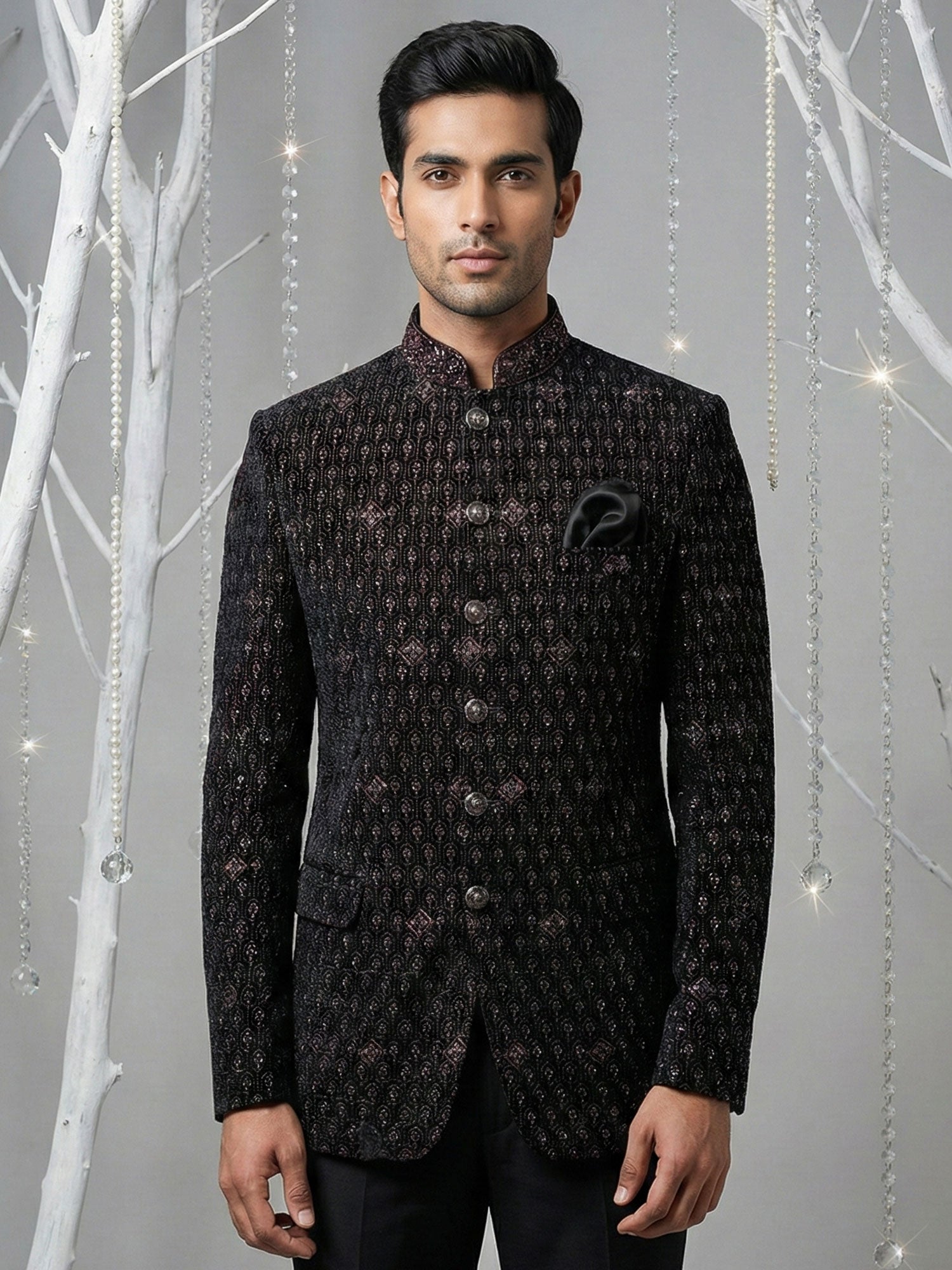 Black Wedding Bandhgala Set In Heavy Embroidery