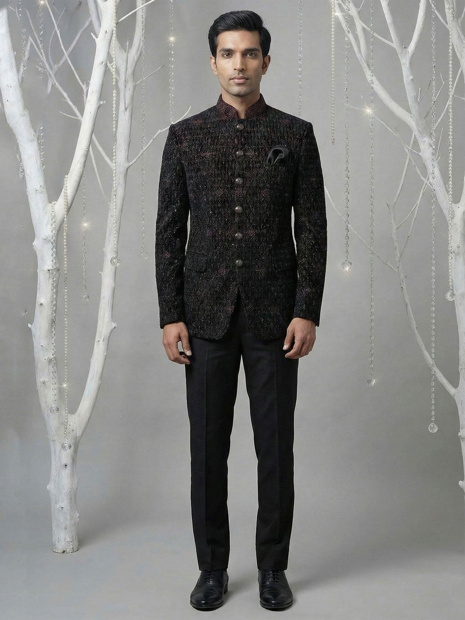 Black Wedding Bandhgala Set In Heavy Embroidery