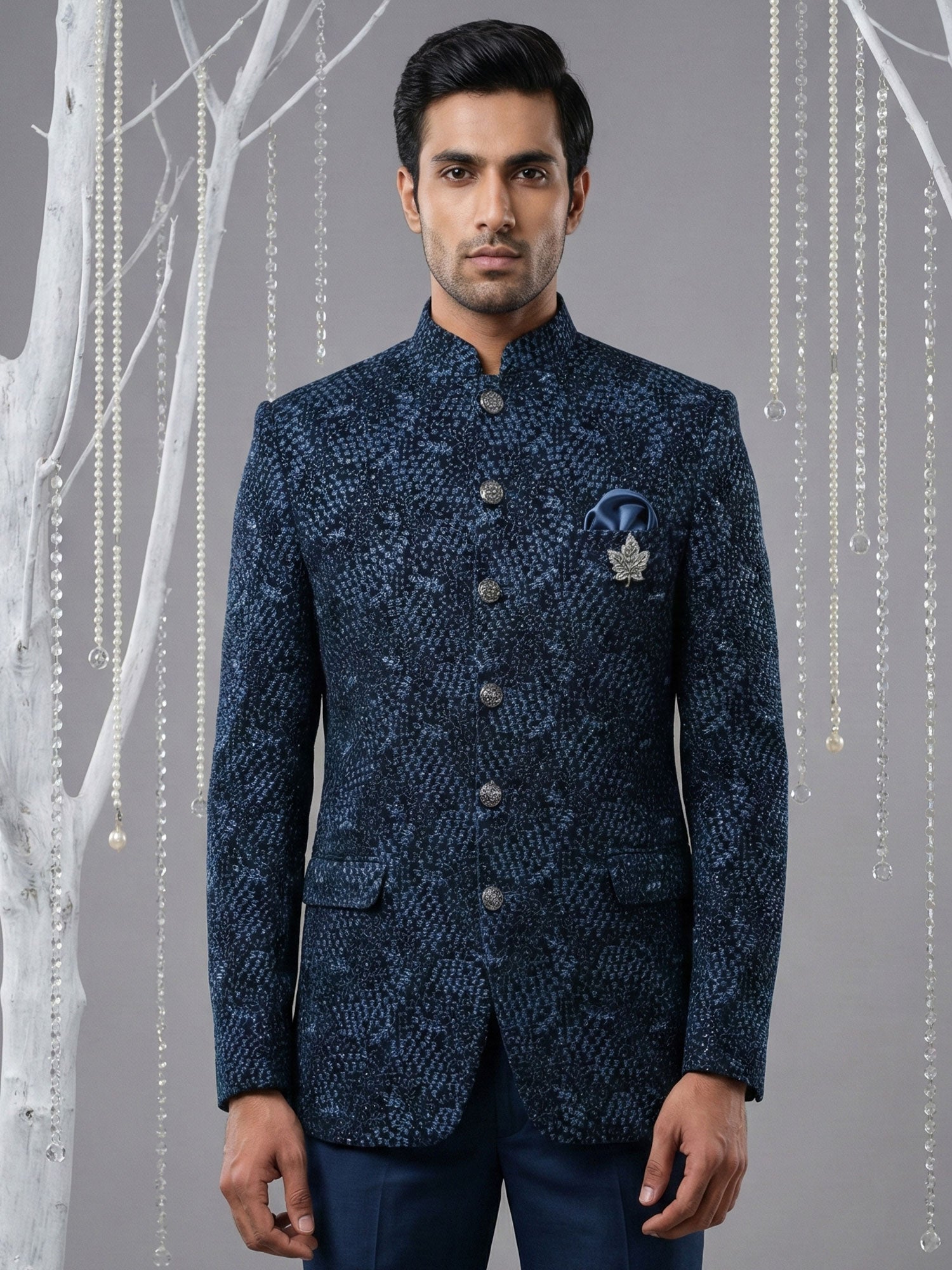 Blue Floral Work Men's Mandarin Set In Velvet