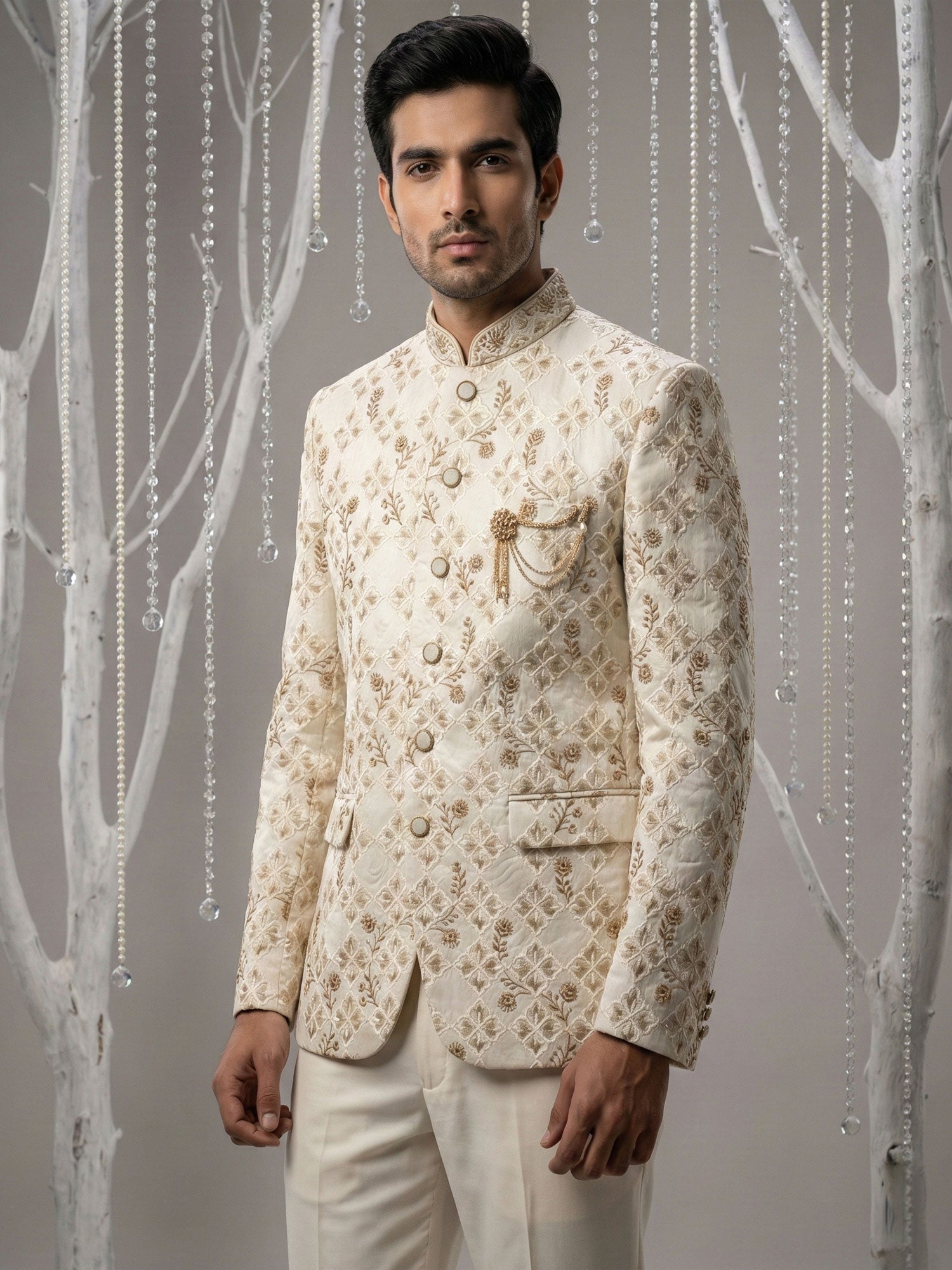 Cream Floral Embellished Silk Bandhgala Suit Set