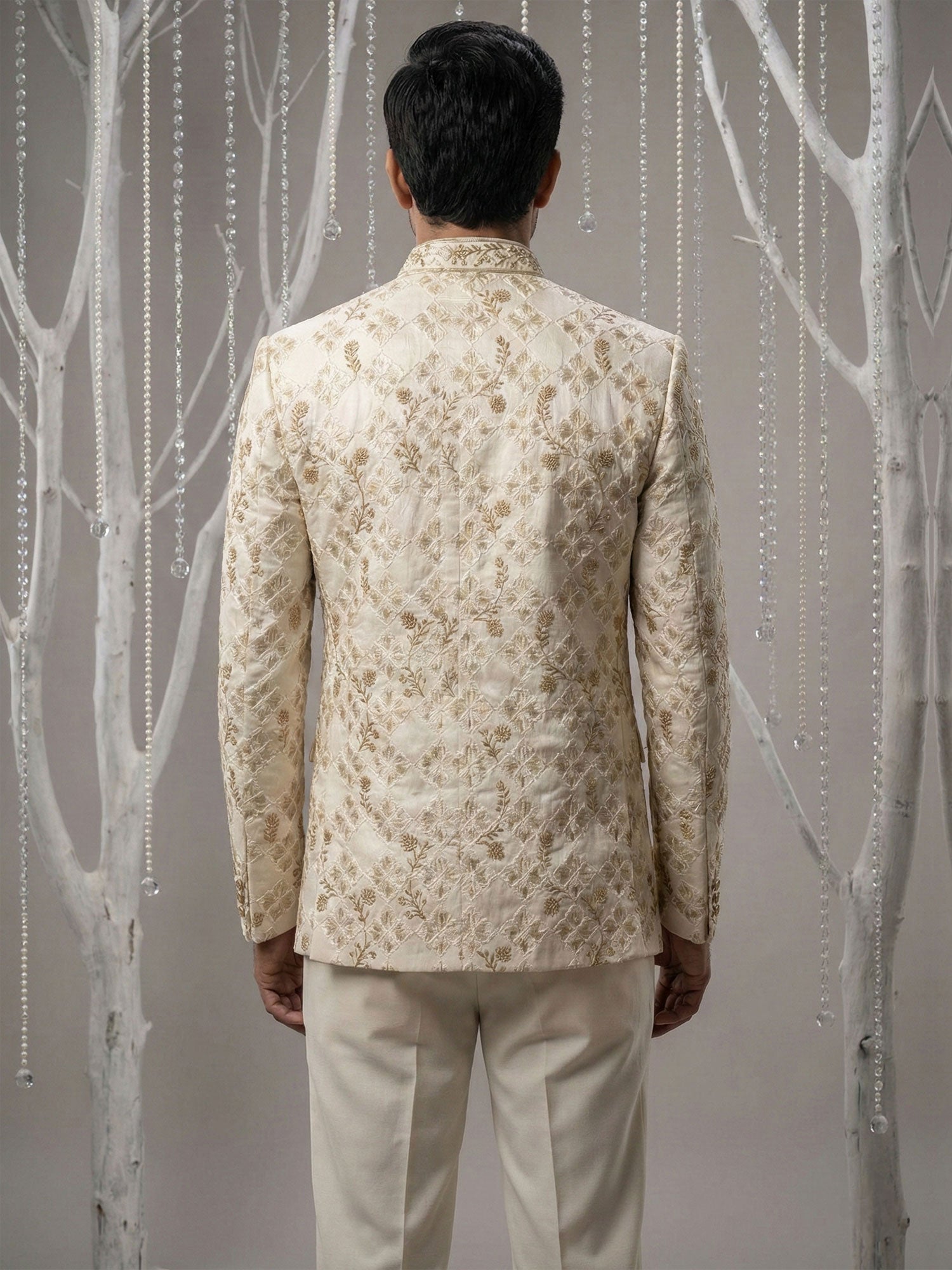 Cream Floral Embellished Silk Bandhgala Suit Set