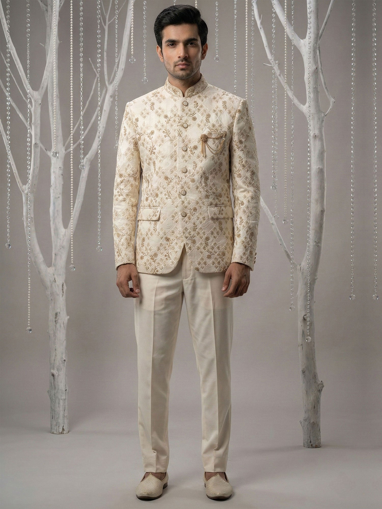 Cream Floral Embellished Silk Bandhgala Suit Set