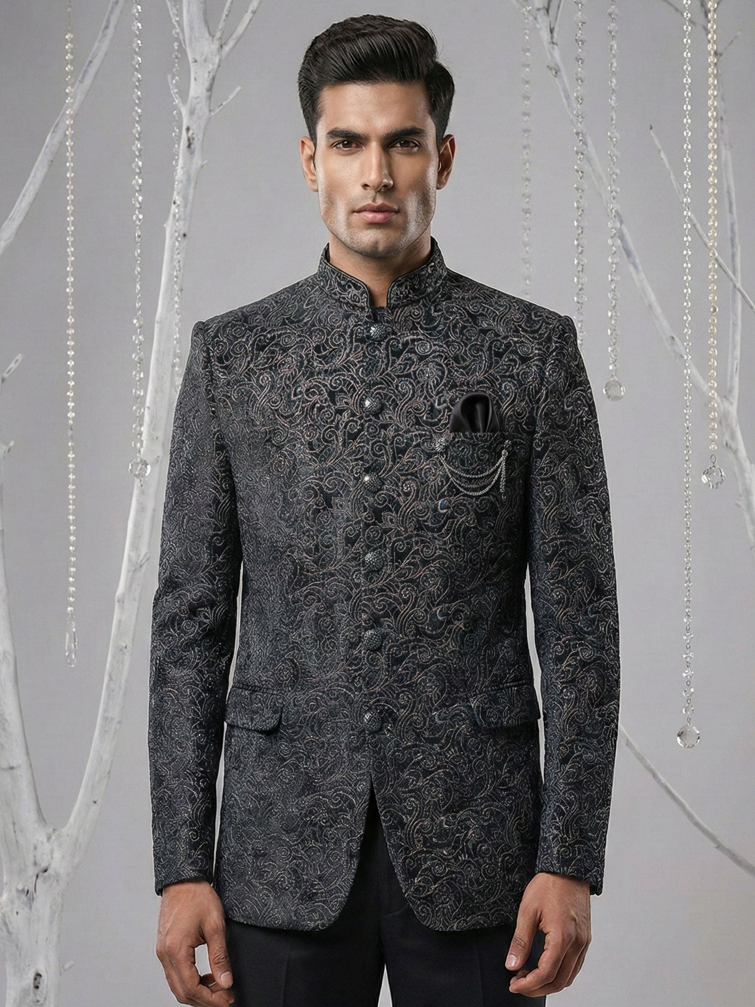 Black Floral Thread Work Men's Jodhpuri Suit