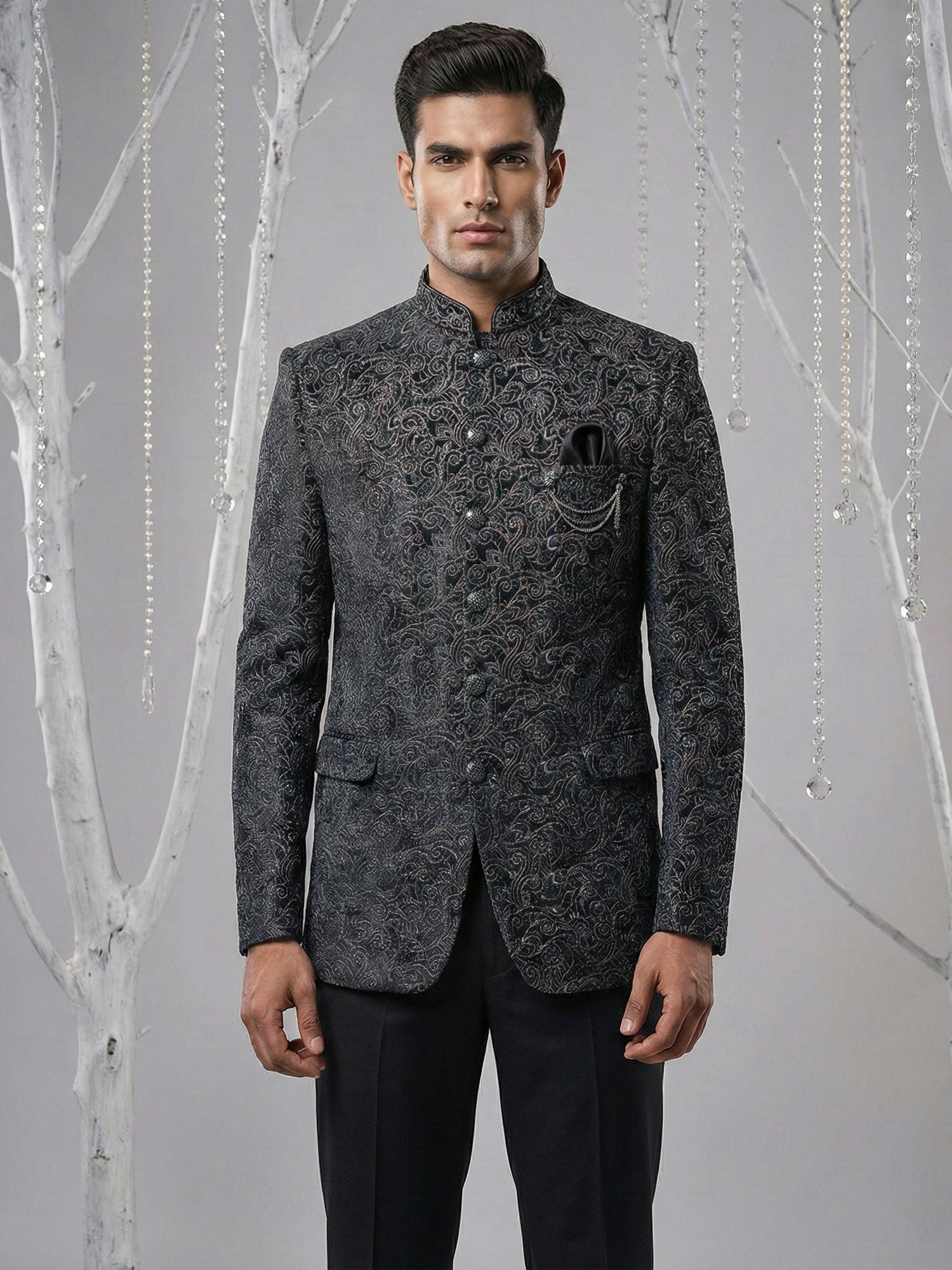 Black Floral Thread Work Men's Jodhpuri Suit