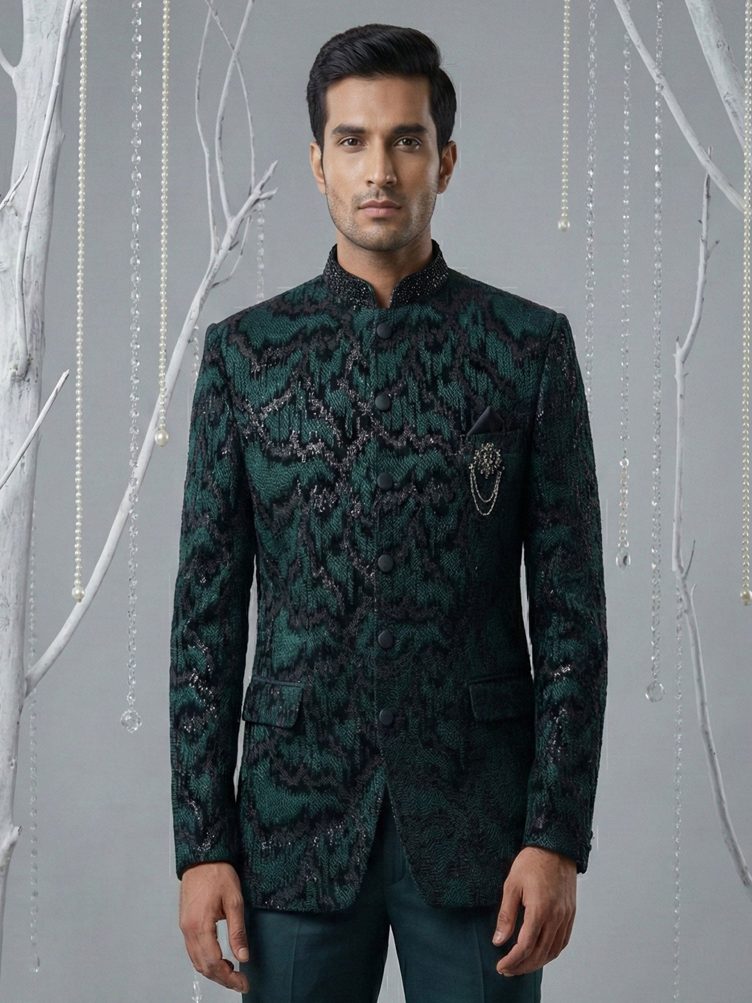 Black Sequins Enhanced Velvet Mandarin Suit