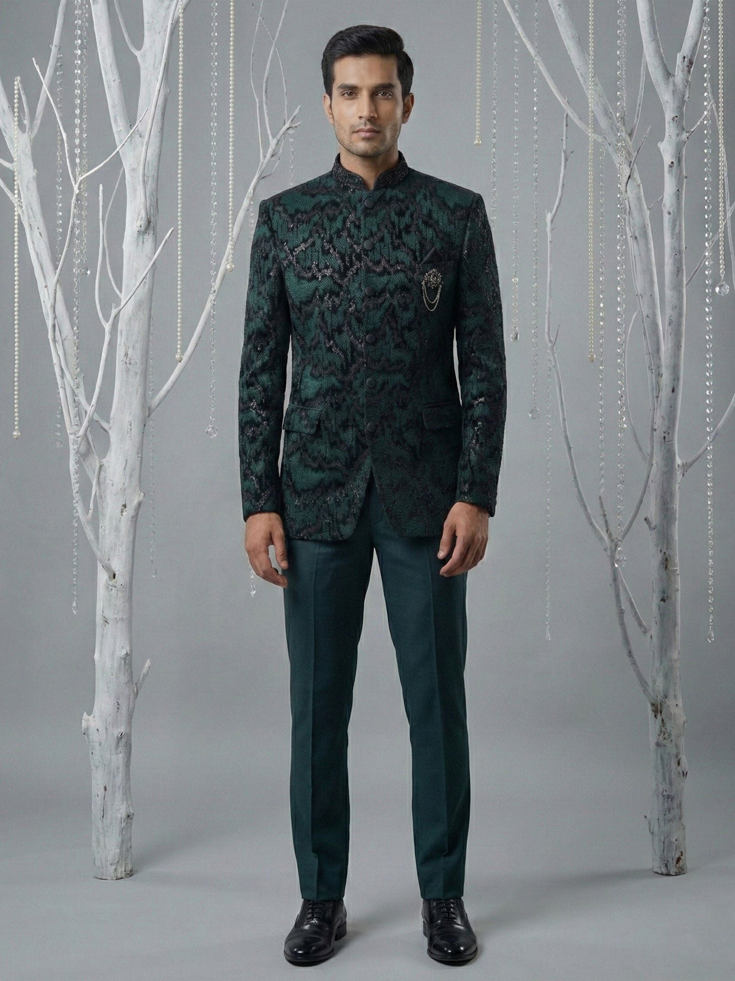Black Sequins Enhanced Velvet Mandarin Suit