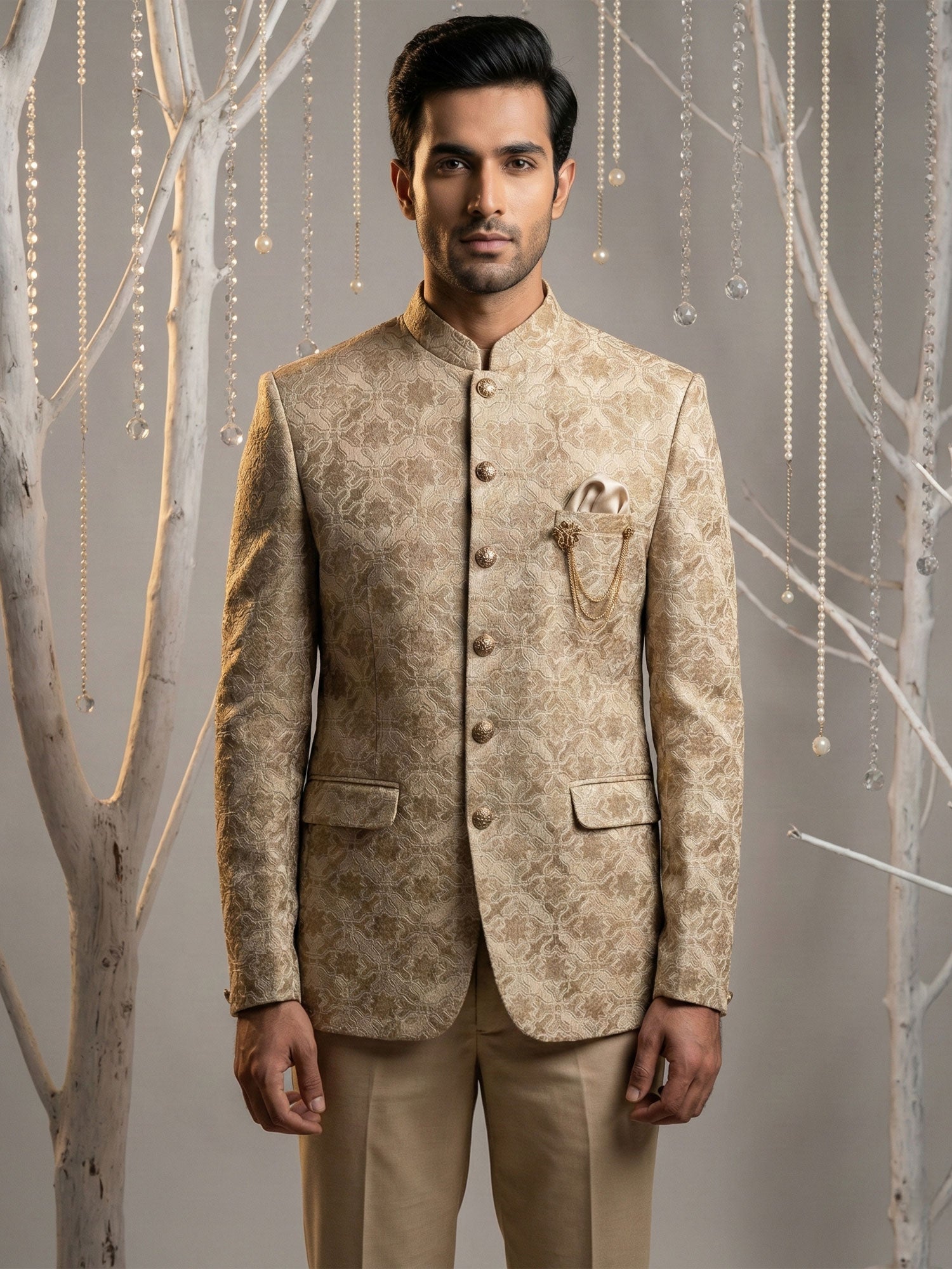 Brown Men's Bandhgala Suit In Floral Embellishment