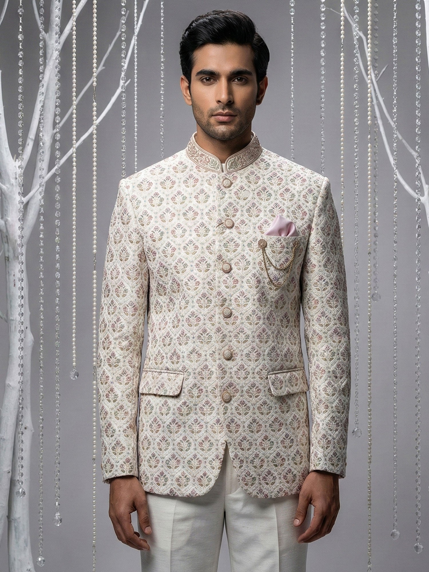 Off White Floral Thread Augmented Jodhpuri Set