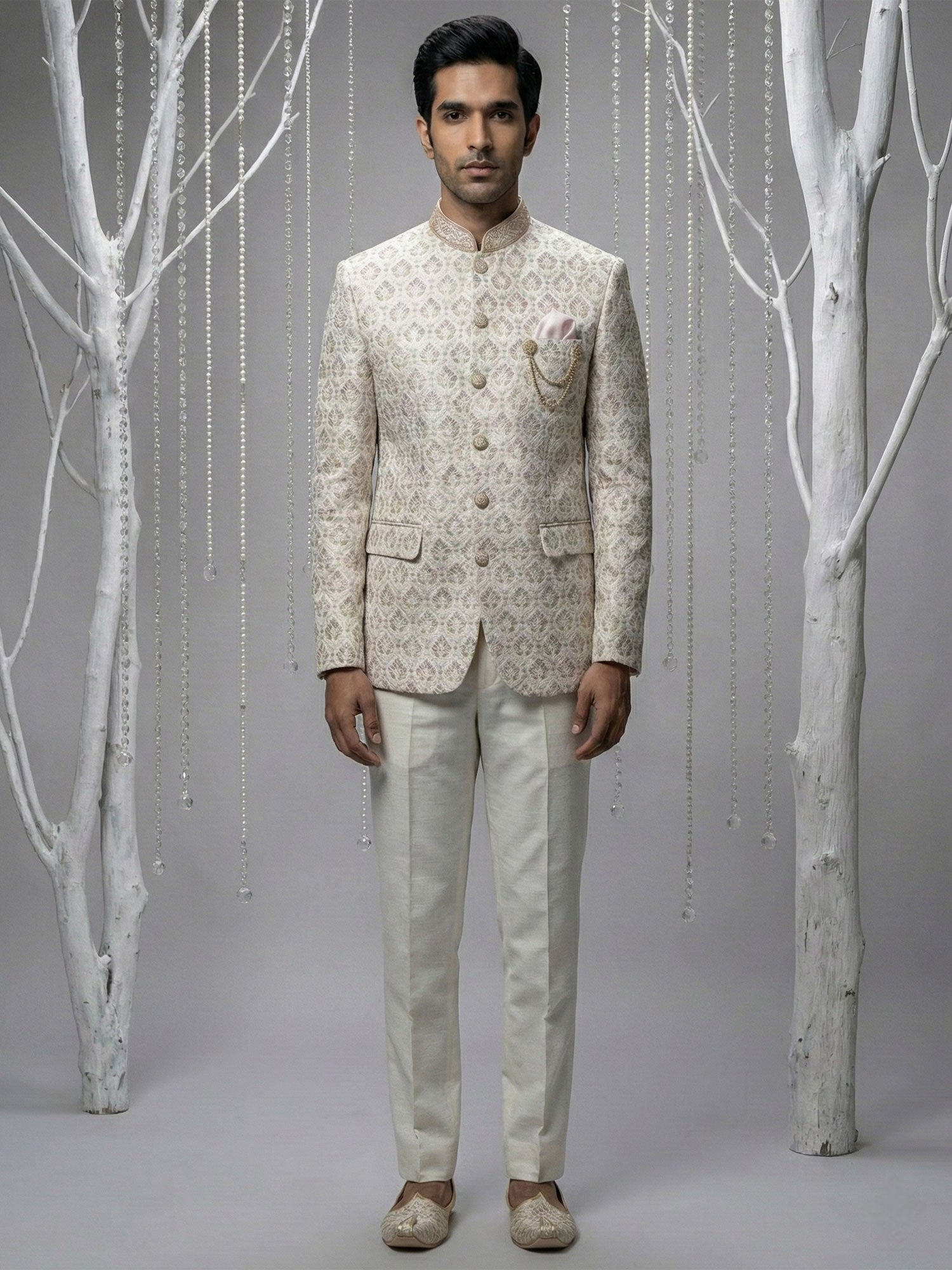 Off White Floral Thread Augmented Jodhpuri Set