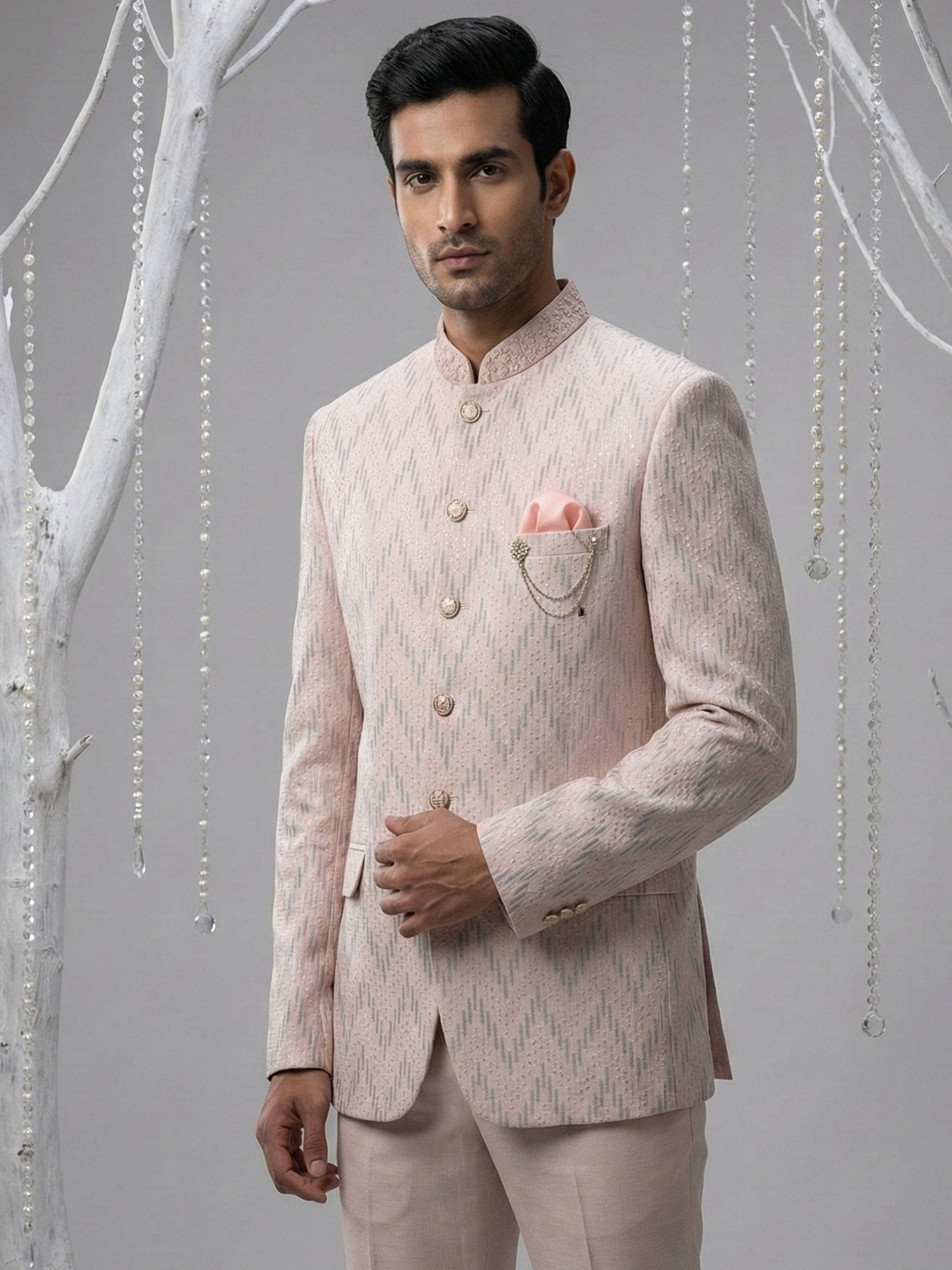 Dusty Pink Wedding Bandhgala Suit For Mens