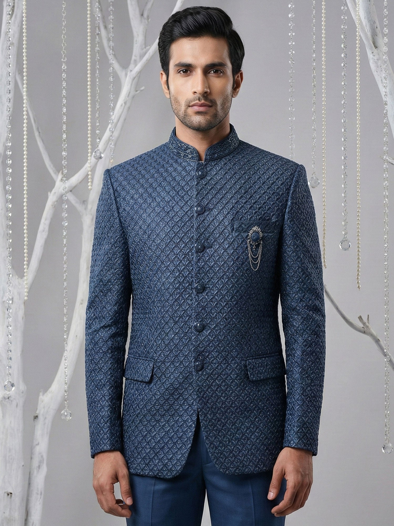 Blue Heavy Embroidered Silk Bandhgala Suit Set