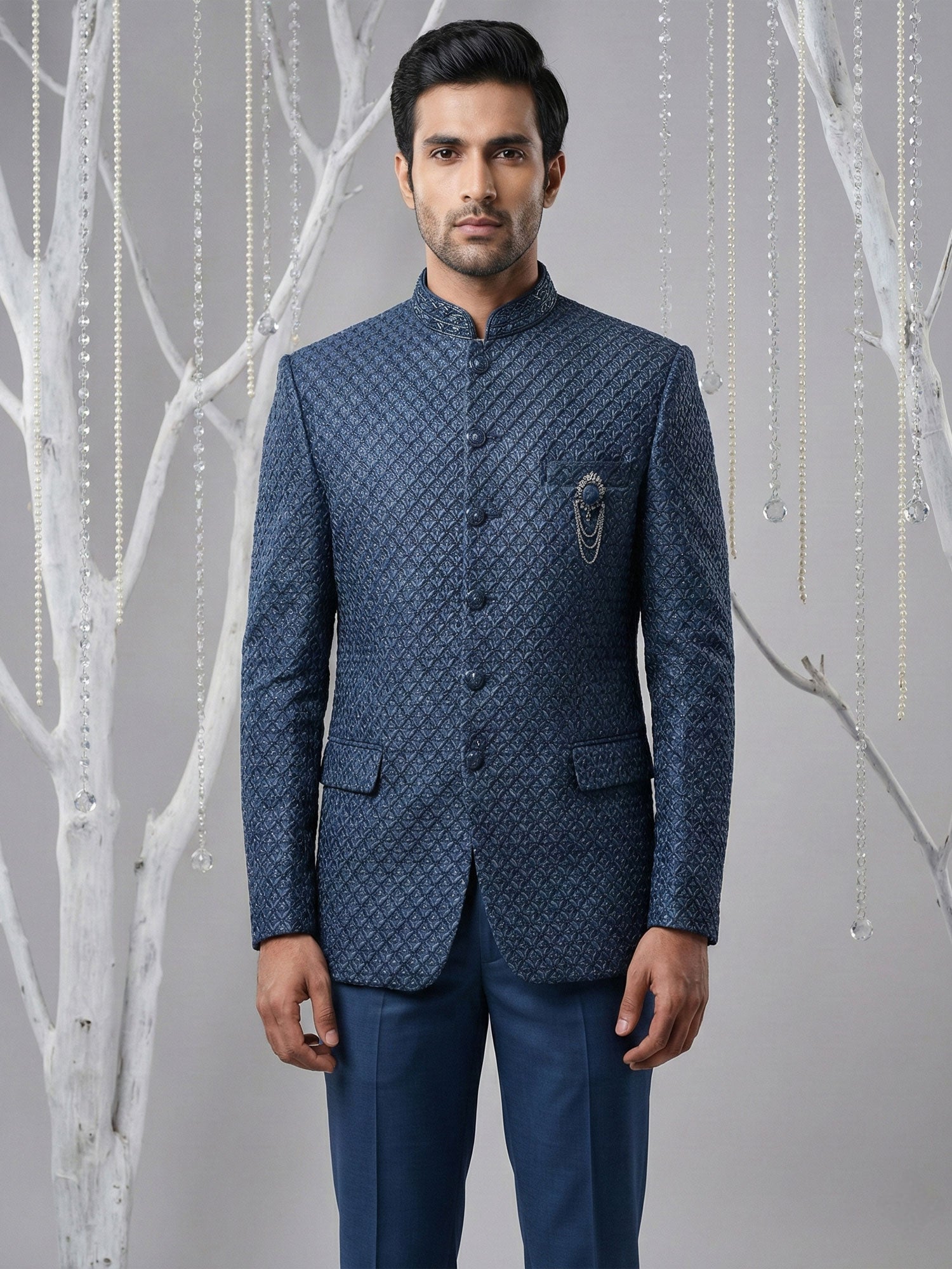 Blue Heavy Embroidered Silk Bandhgala Suit Set