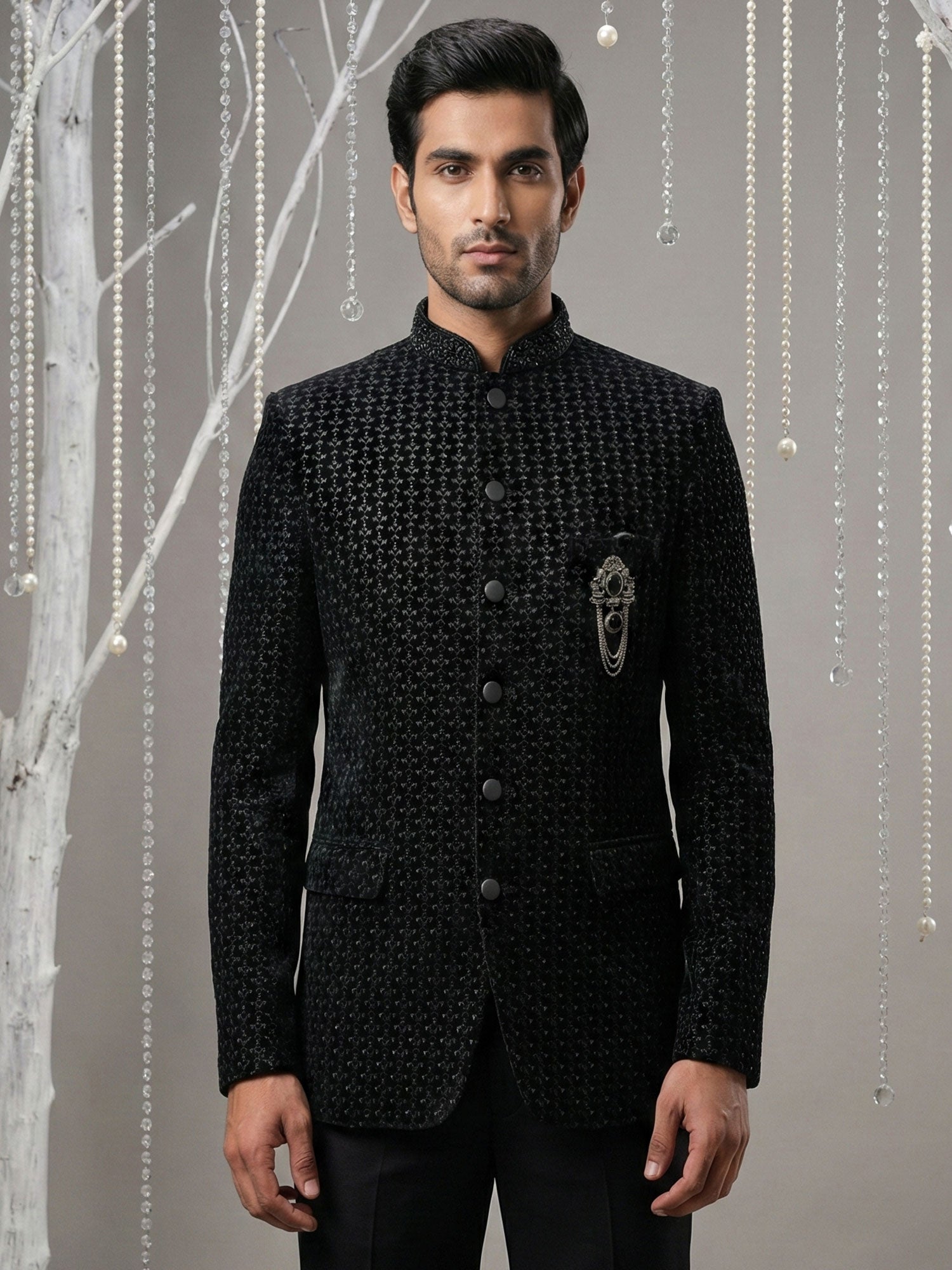 Black Menswear Wedding Bandhgala Suit Set
