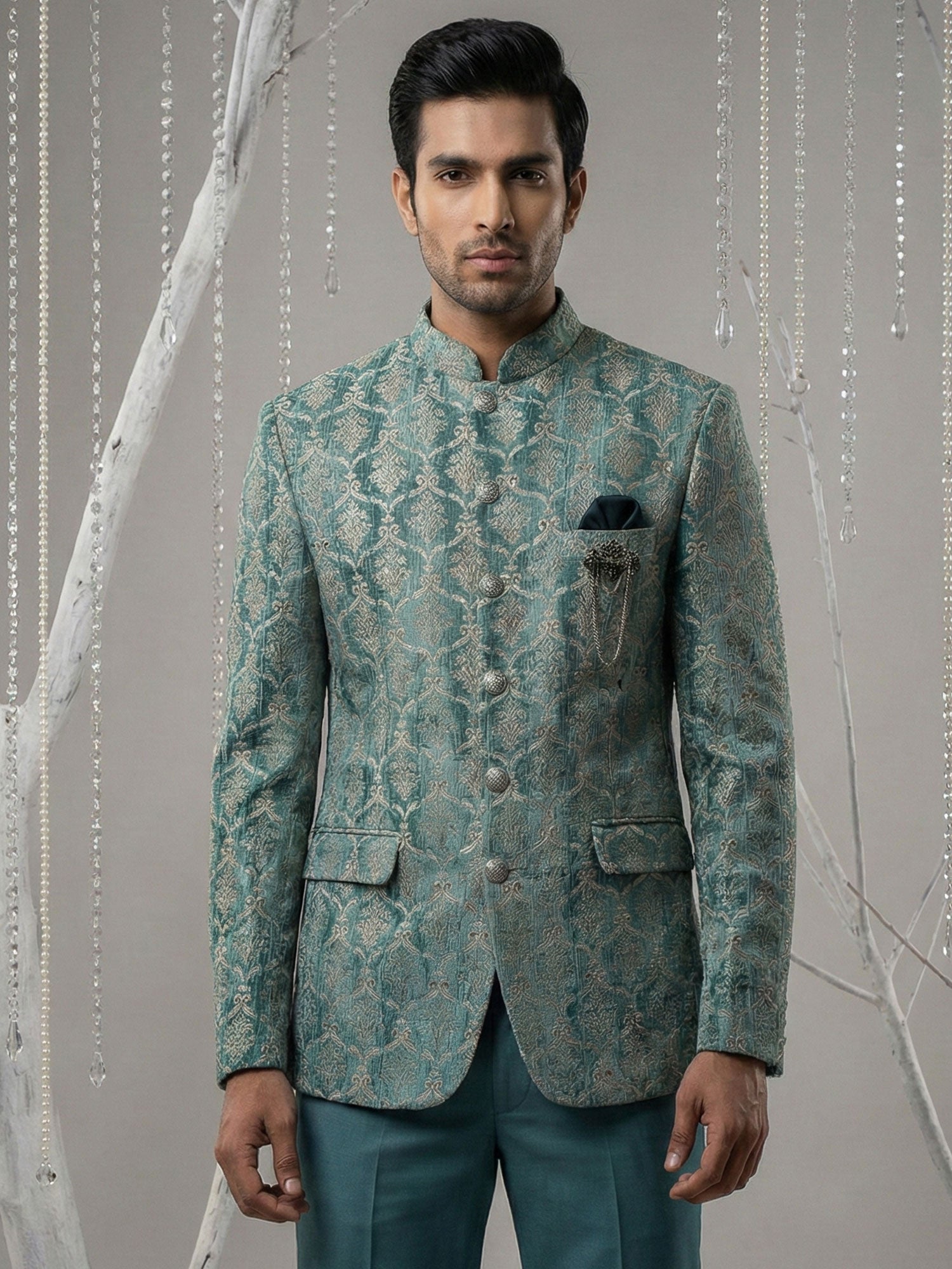 Turquoise Thread Augmented Velvet Mandarin Suit
