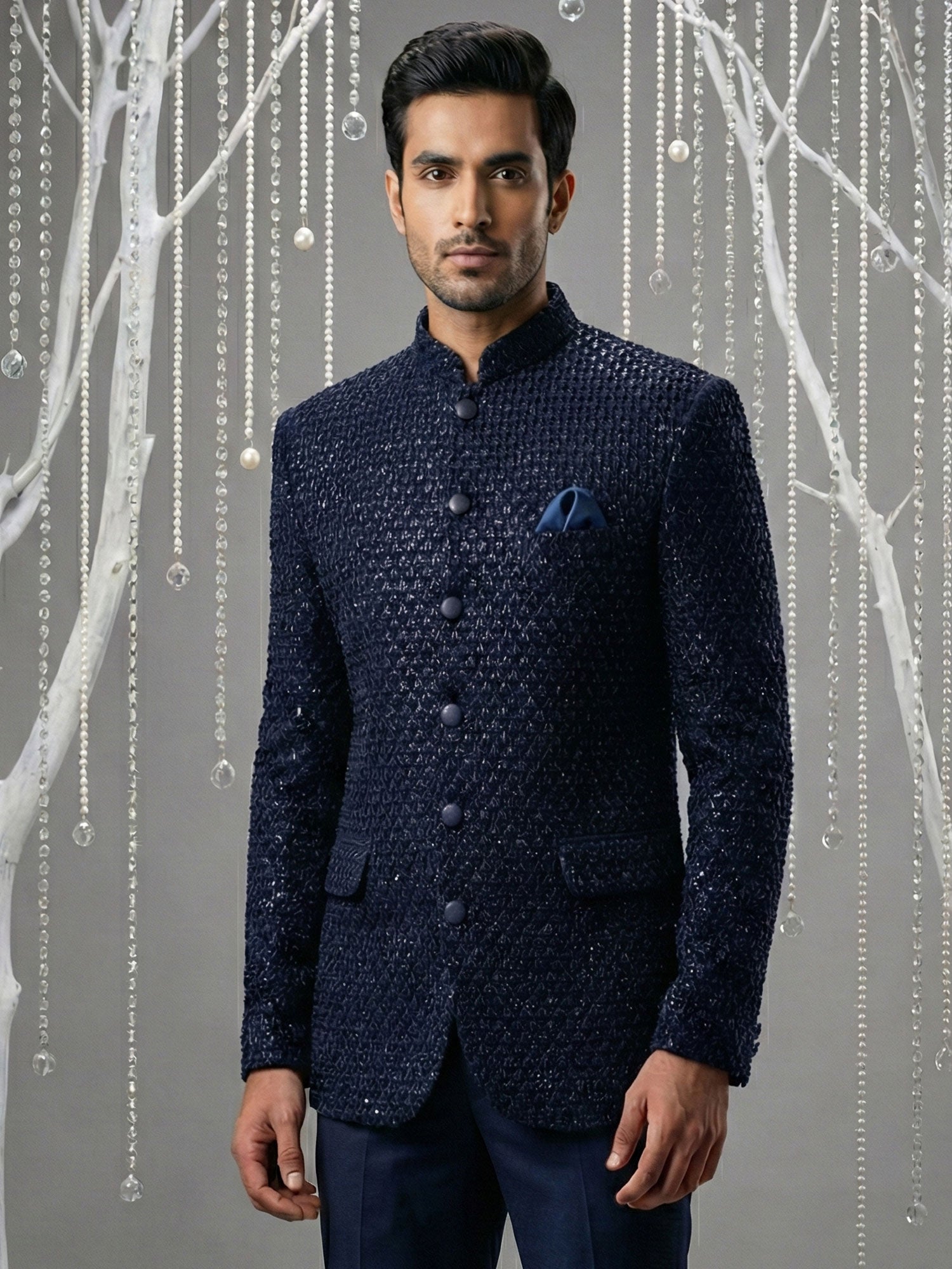 Navy Blue Men's Wear Jodhpuri Set In Velvet