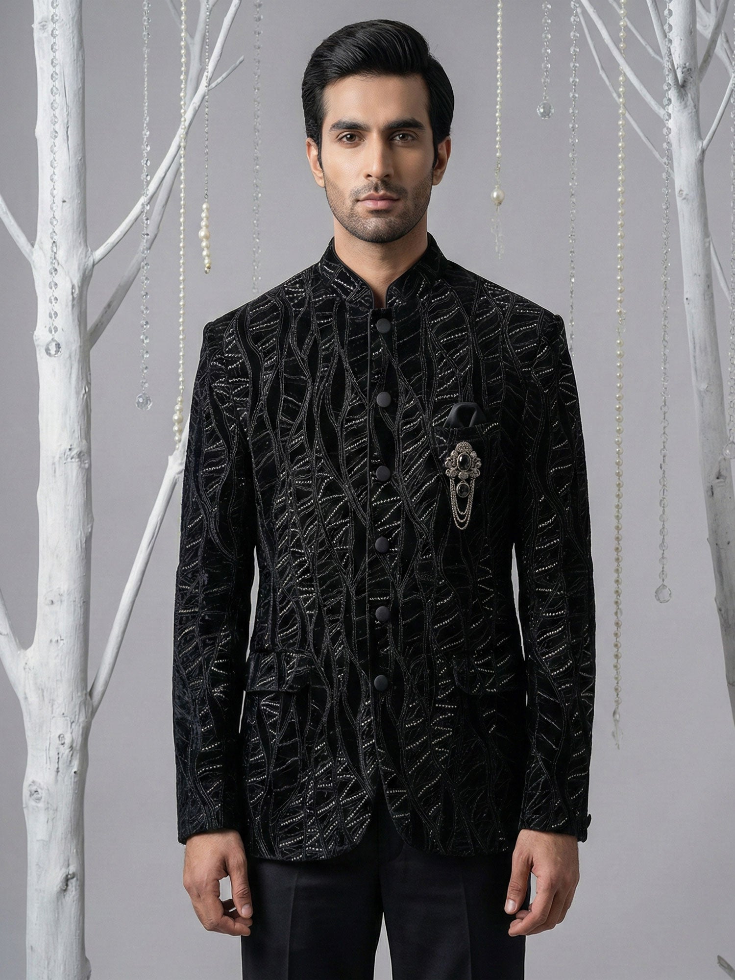 Black Wedding Velvet Bandhgala Suit Set