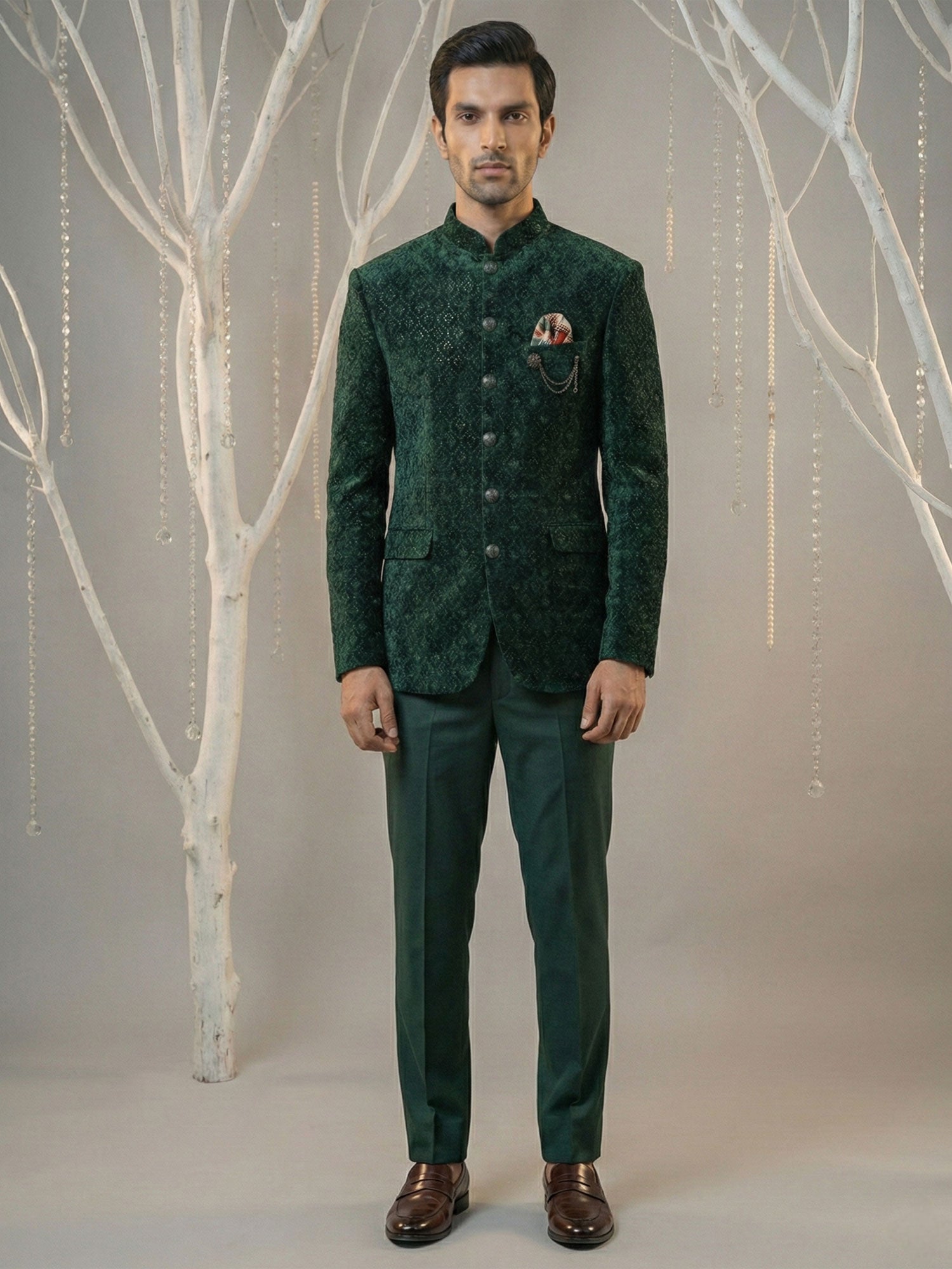 Deep Green Sequins Work Embellished Bandhgala Suit