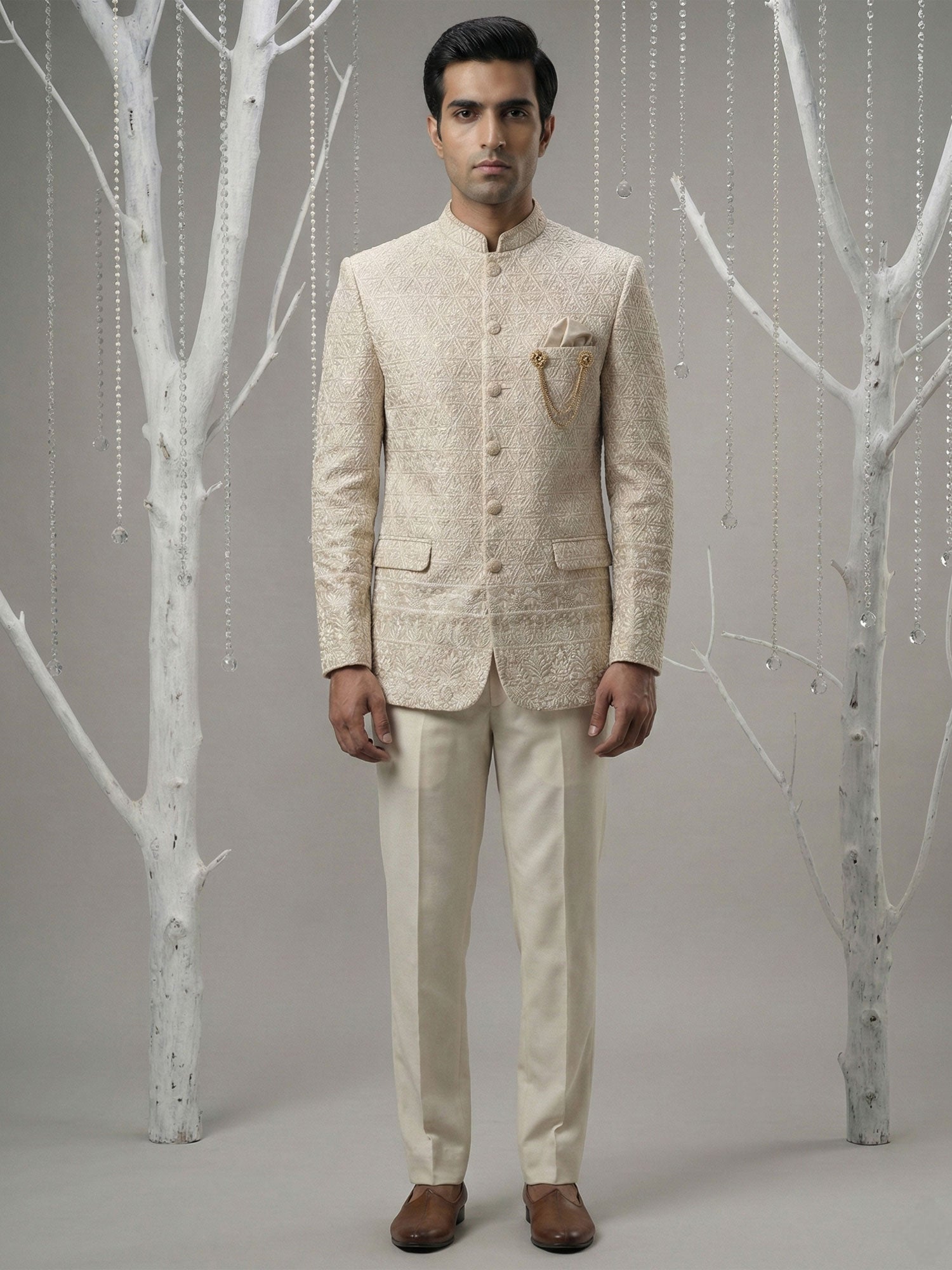 Beige Heavy Thread Embellished Jodhpuri Suit