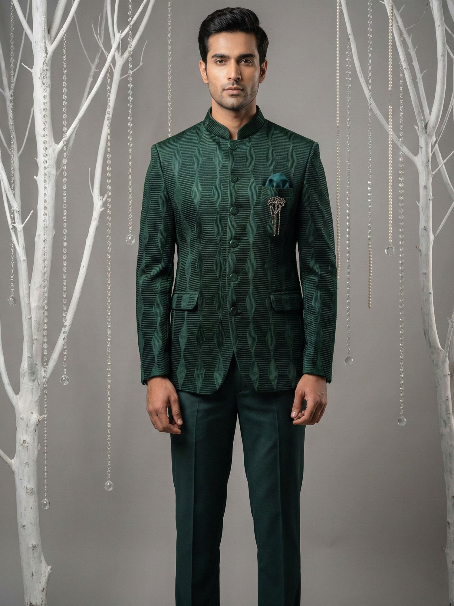 Green Wedding Wear Silk Bandhgala Suit Set