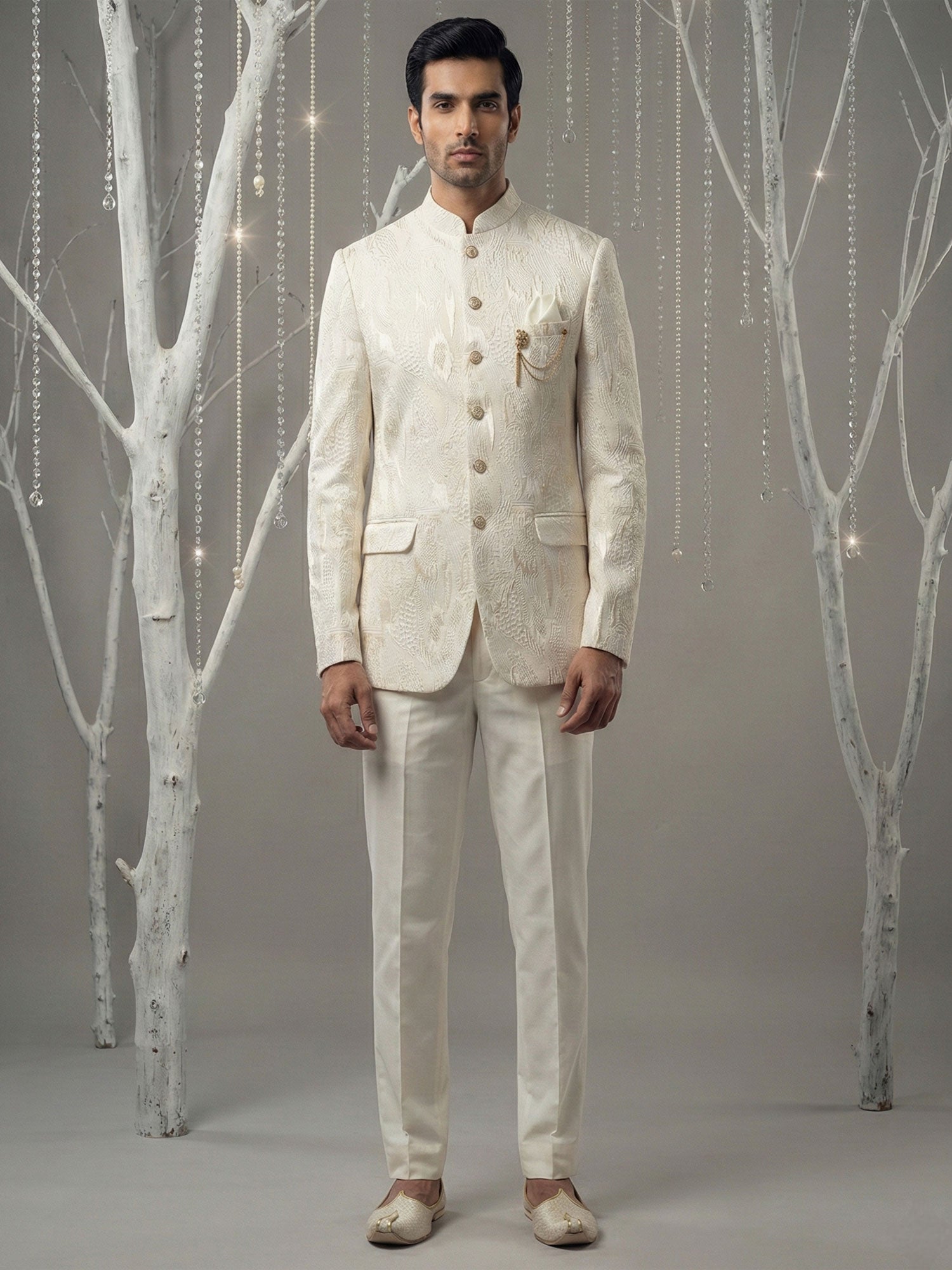 White Heavy Embroidered Menswear Jodhpuri Suit