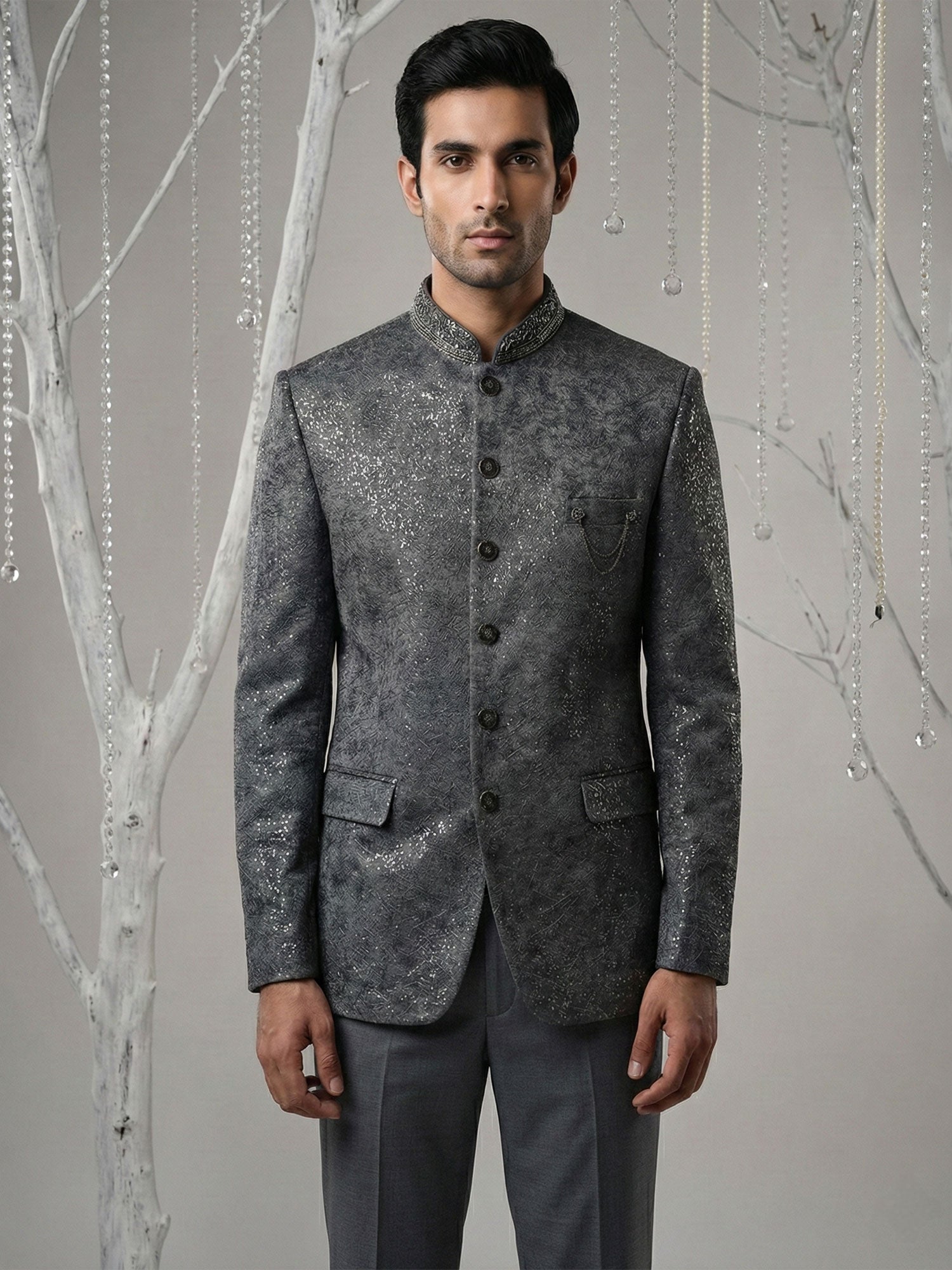 Grey Sequins Work Enhanced Bandhgala Suit