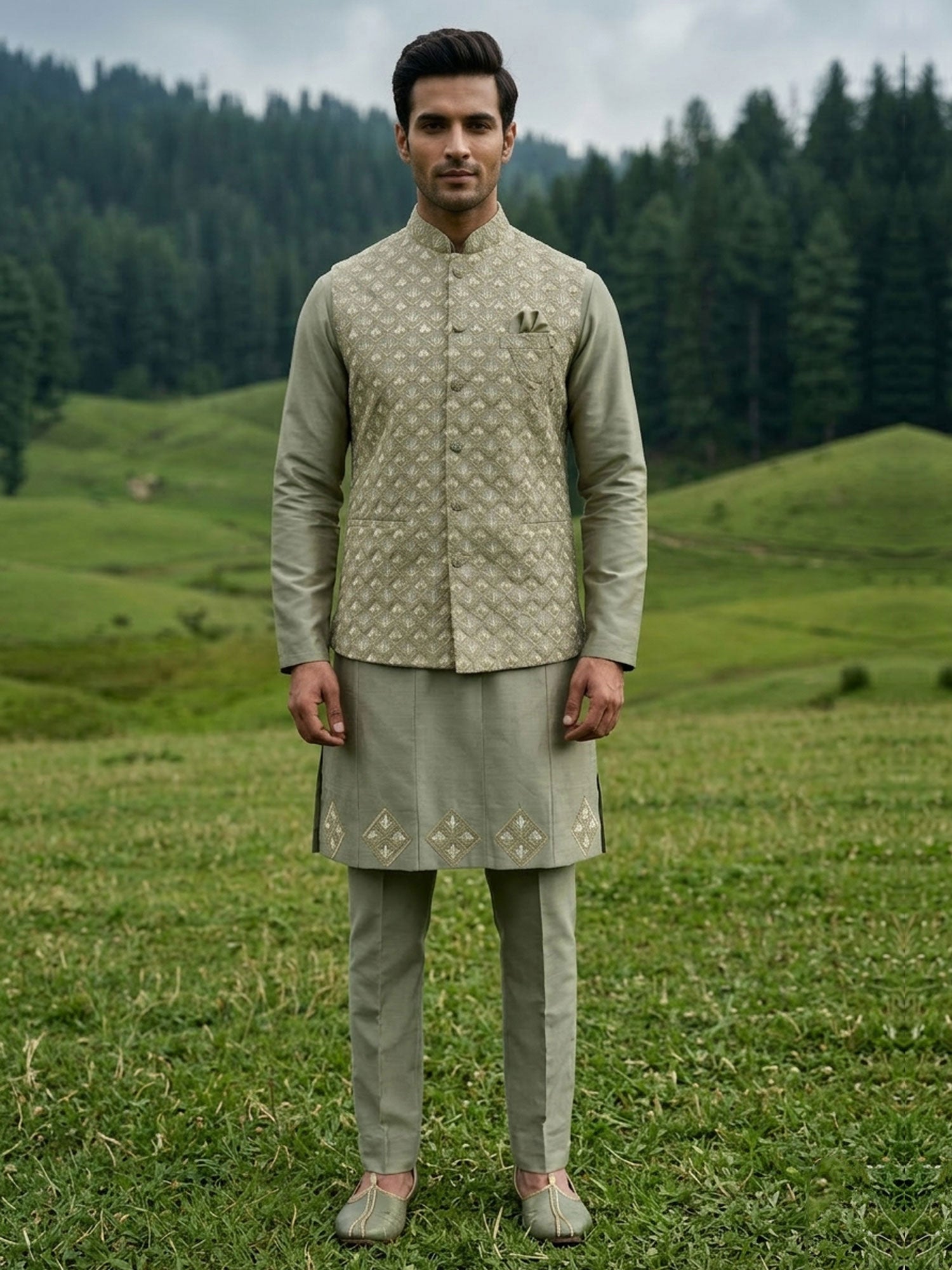 Sage Green Thread Embroidered Kurta Set