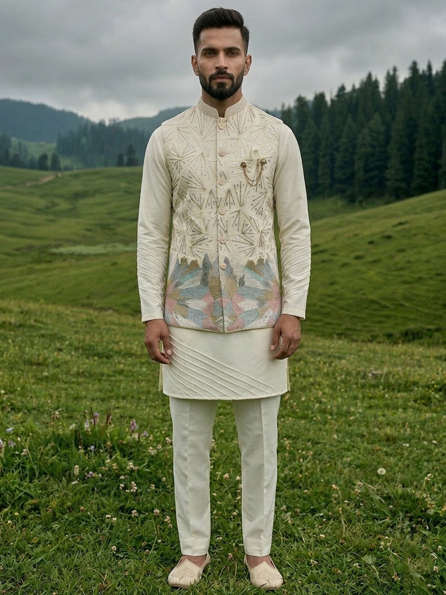 Off White Sequins Work Embellished Kurta Set