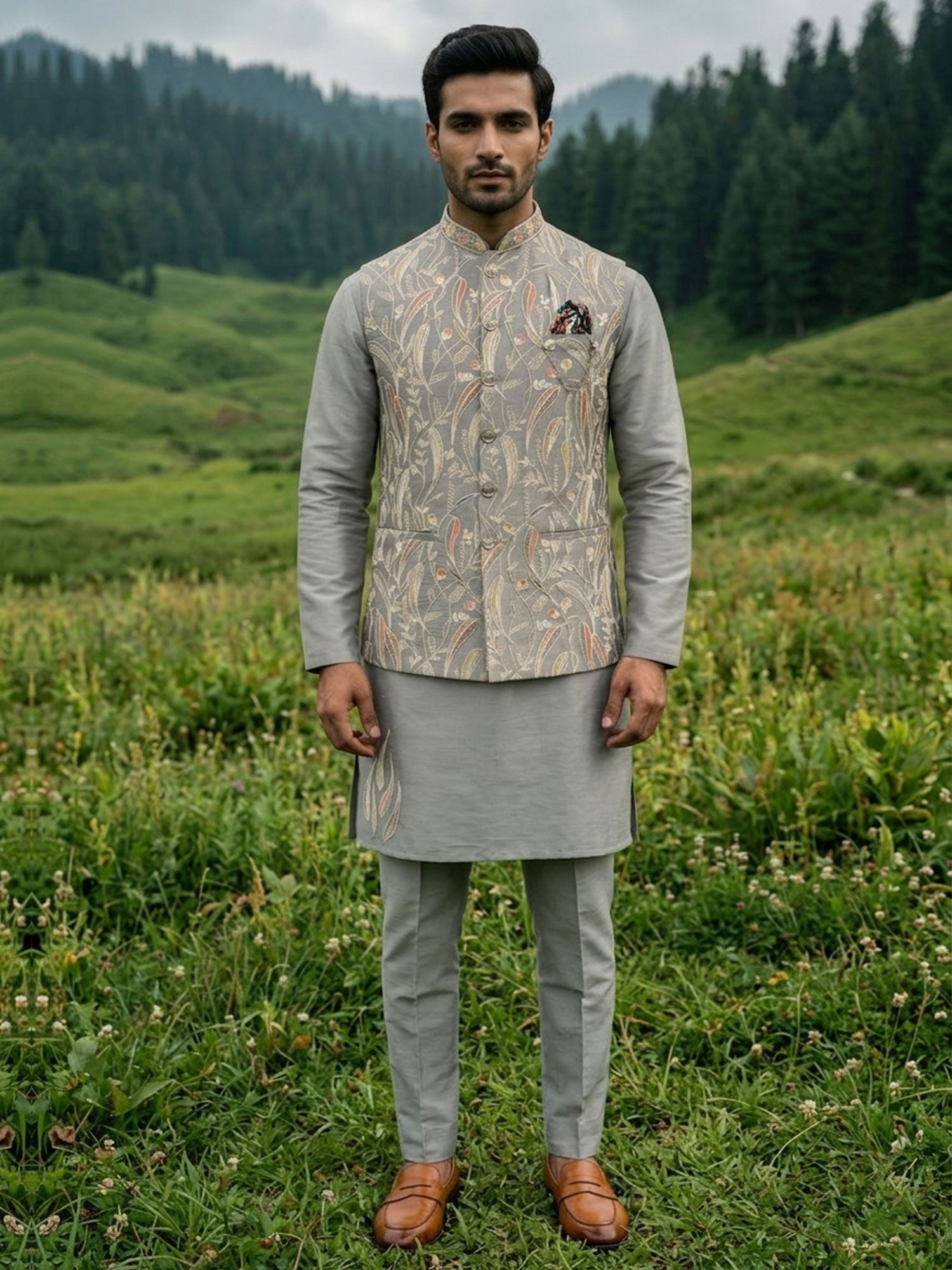 Grey Floral Work Kurta Pyjama With Jacket
