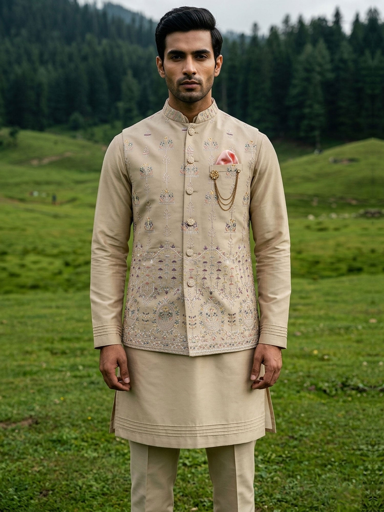 Beige Readymade Kurta Set With Nehru Jacket