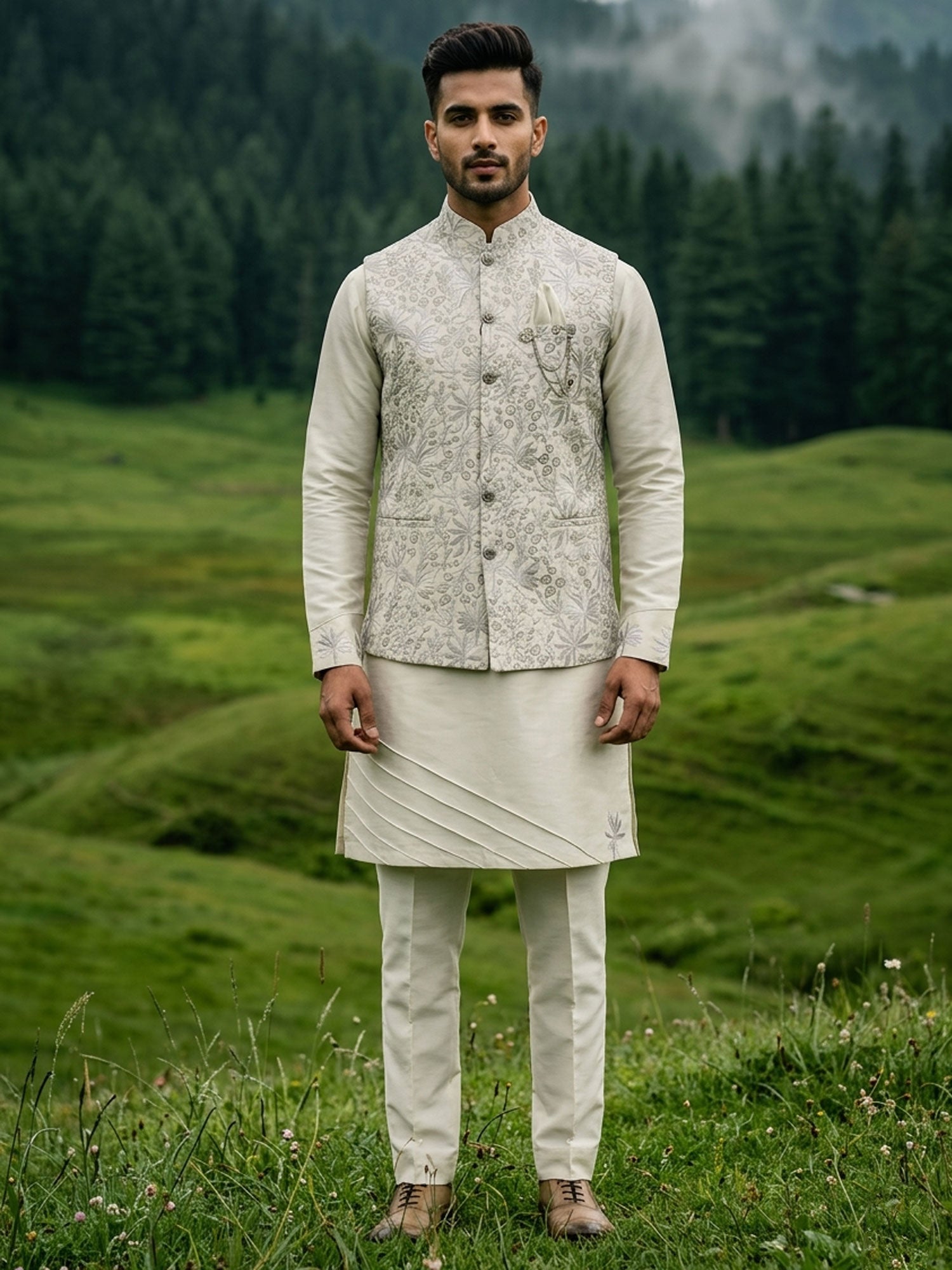 Off White Men's Kurta Set With Embroidered Jacket