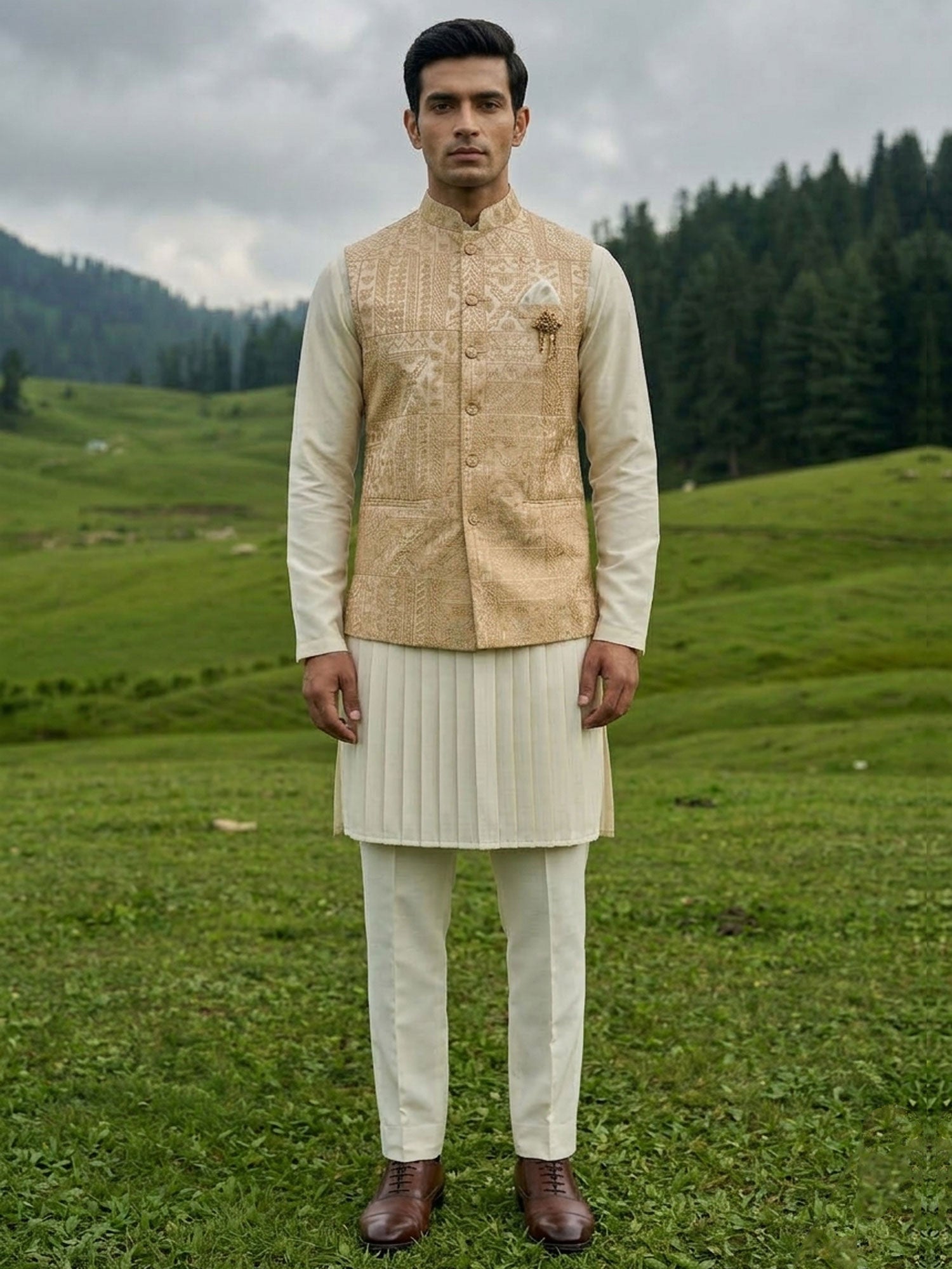 Cream Silk Kurta Set With Sequins Embellishment