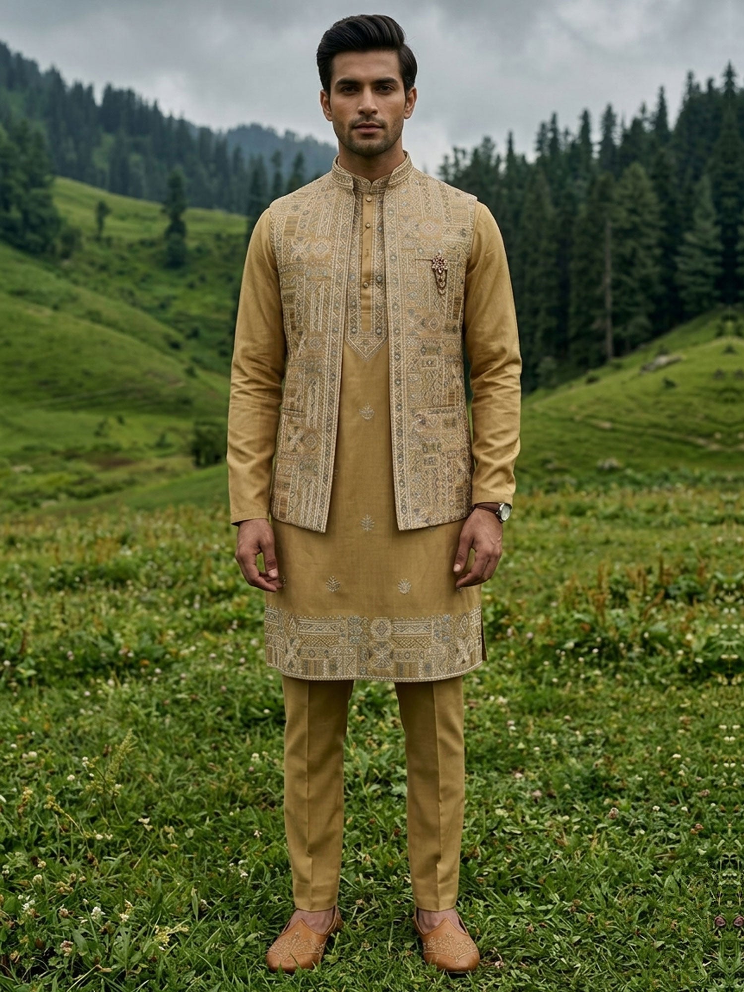 Brown Floral Thread Work Men's Kurta Set