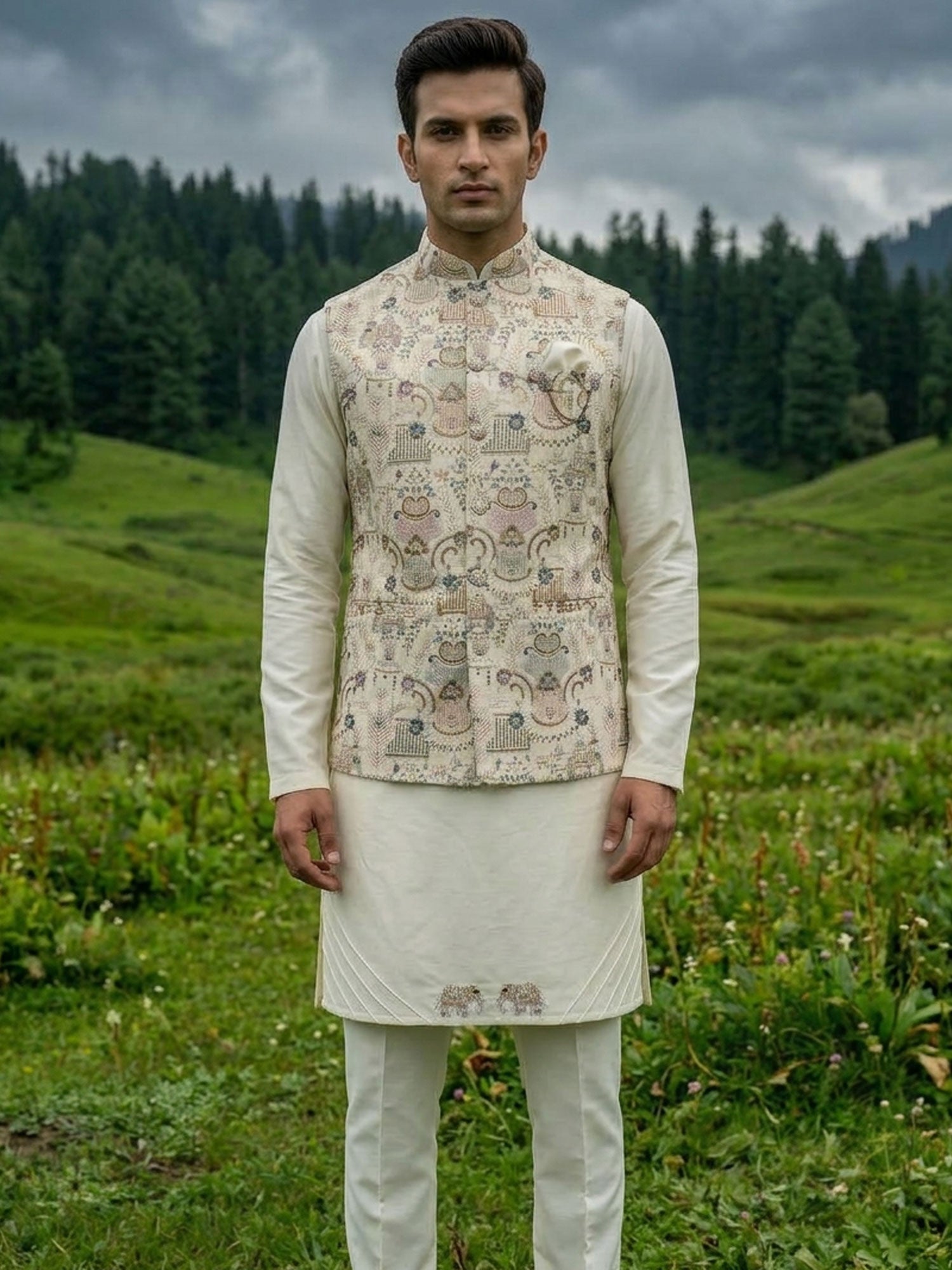 White Silk Kurta Set With Embroidered Jacket