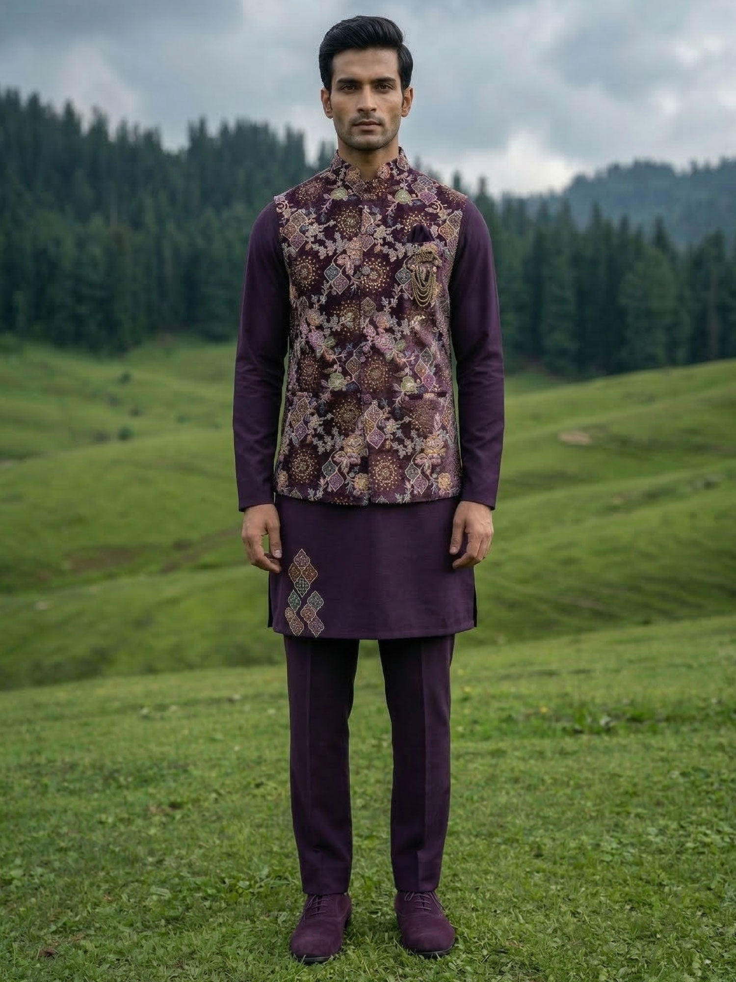 Dark Purple Velvet Kurta Set In Floral Work