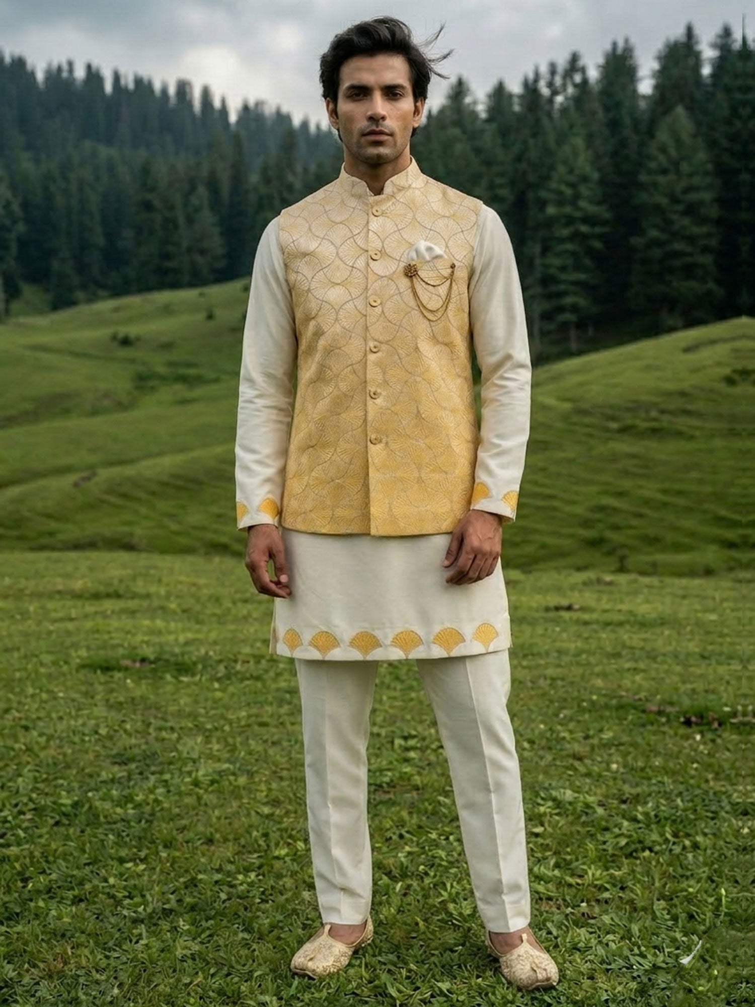 White Readymade Kurta Pyjama Set In Silk